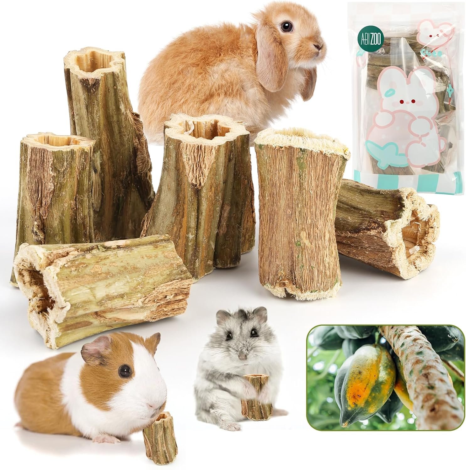 Abizoo Natural Bunny Chew Toys,6 Pcs Organic Papaya Wood Sticks Chew Toys for Rabbit,Hamster,Guinea Pig,Chinchilla,Gerbil,Rat Healthy Chews Teeth Grinding Treats, Squirrel Molar Snack