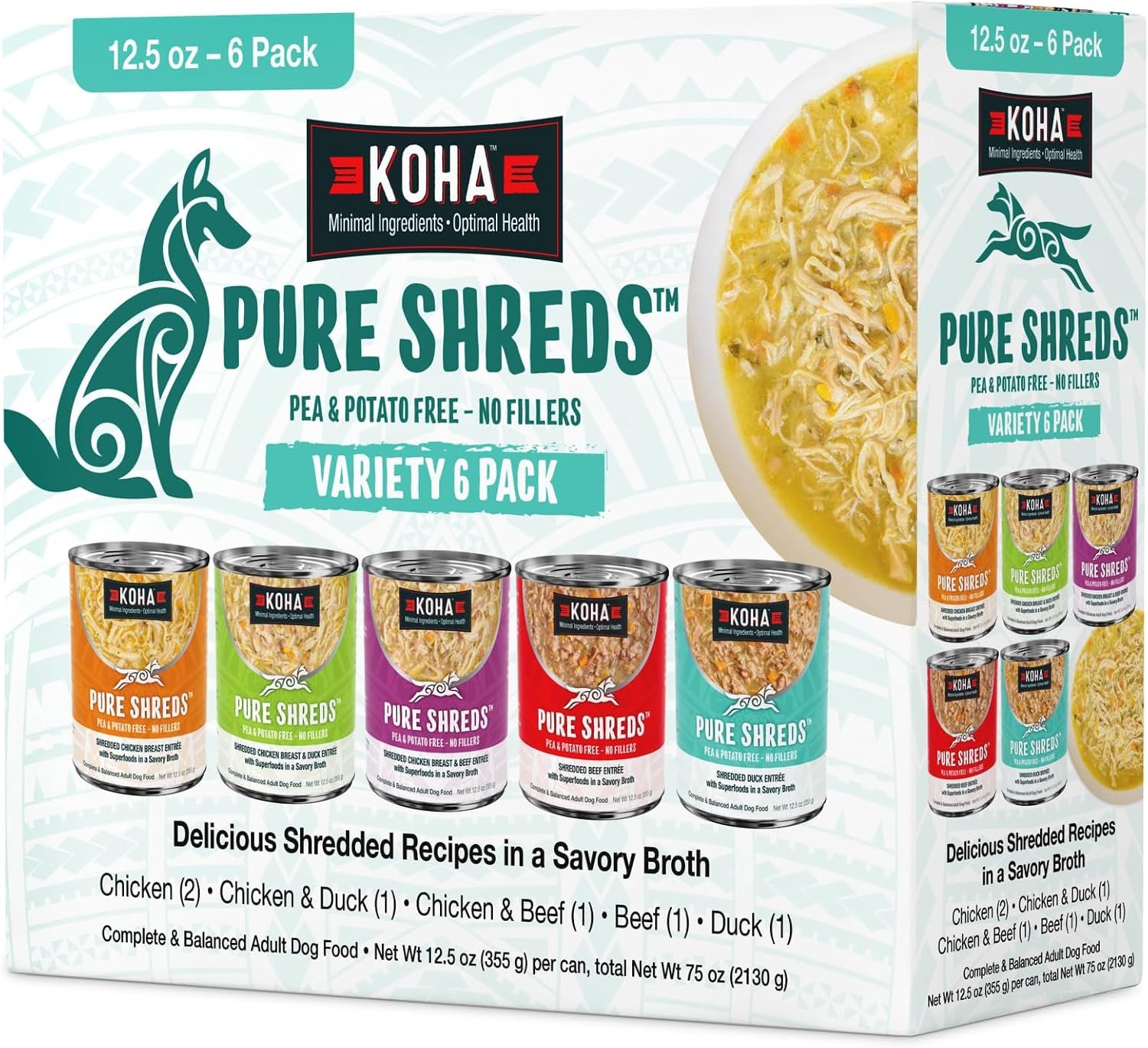KOHA Pure Shreds Dog Food, 5 Flavor Variety Pack, Pack of 6 | Great for picky eaters, high protein, beef, duck, chicken & duck, chicken & beef