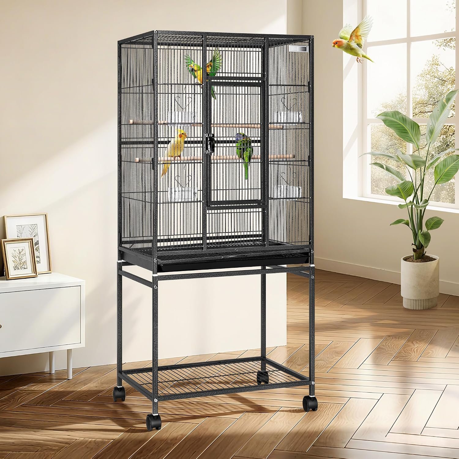 VIVOHOME 54 Inch Wrought Iron Large Bird Cage with Rolling Stand | Bird Flight Cage with Stand, Casters, Slide-out Tray for Parakeets Canaries Parrot Cockatiels Lovebirds Conures, Black