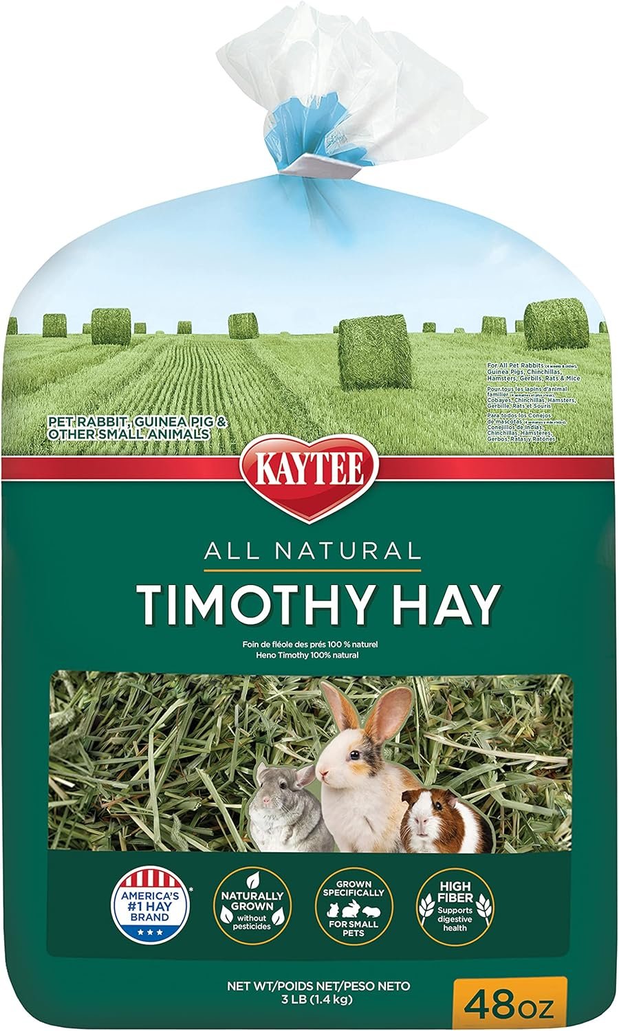 Kaytee Timothy Hay, High Fiber, Grown Specifically for Small Animals, Rabbits, Guinea Pigs, Chinchillas, Ideal Bulk Order for Small Pets, 3 Pounds