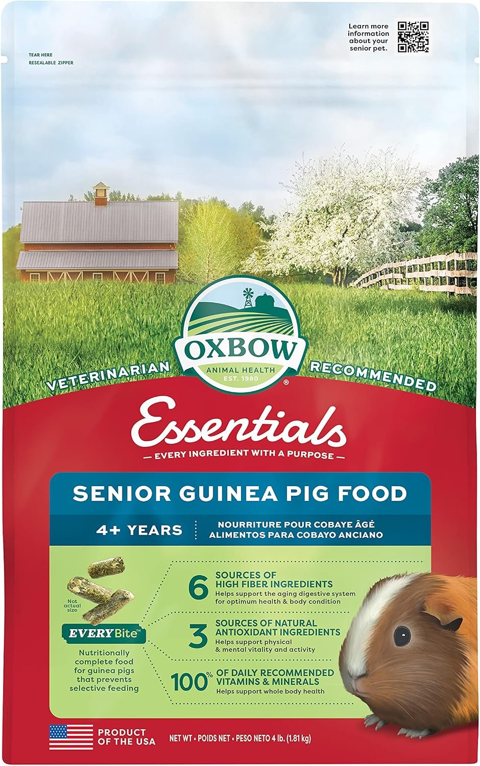 Oxbow Essentials Senior Guinea Pig Food, Uniform Guinea Pig Pellets, 4 lb | High Fiber Guinea Pig Food With Stabilized Vitamin C, Alfalfa Hay, Calcium And Protein For Growth & Development, Made in USA