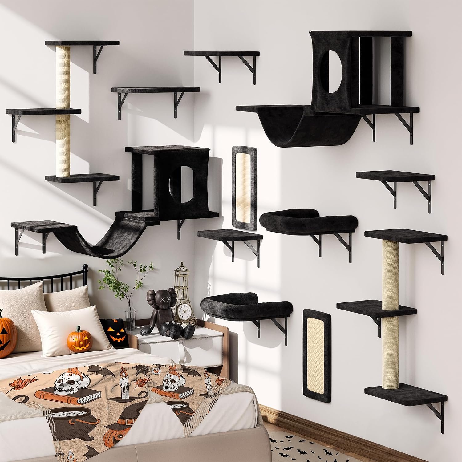 12-in-1 Cat Wall Shelves, Wall Mounted Cat Climber | with Condo House, Scratching Post, Bridge Ladder, Space-Saving Indoor Play Furniture for Kittens, Black