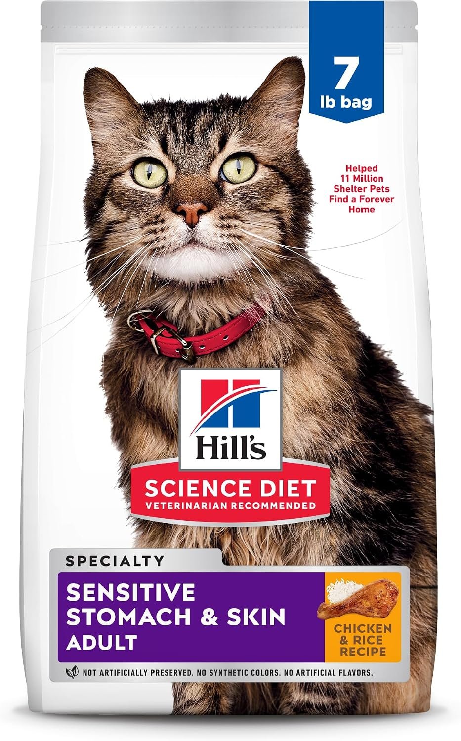 Hill’s Science Diet Sensitive Stomach & Skin Dry Cat Food | #1 Veterinarian Recommended, Adult Formula, Chicken & Rice, 7 lb. Bag (Updated Formula)