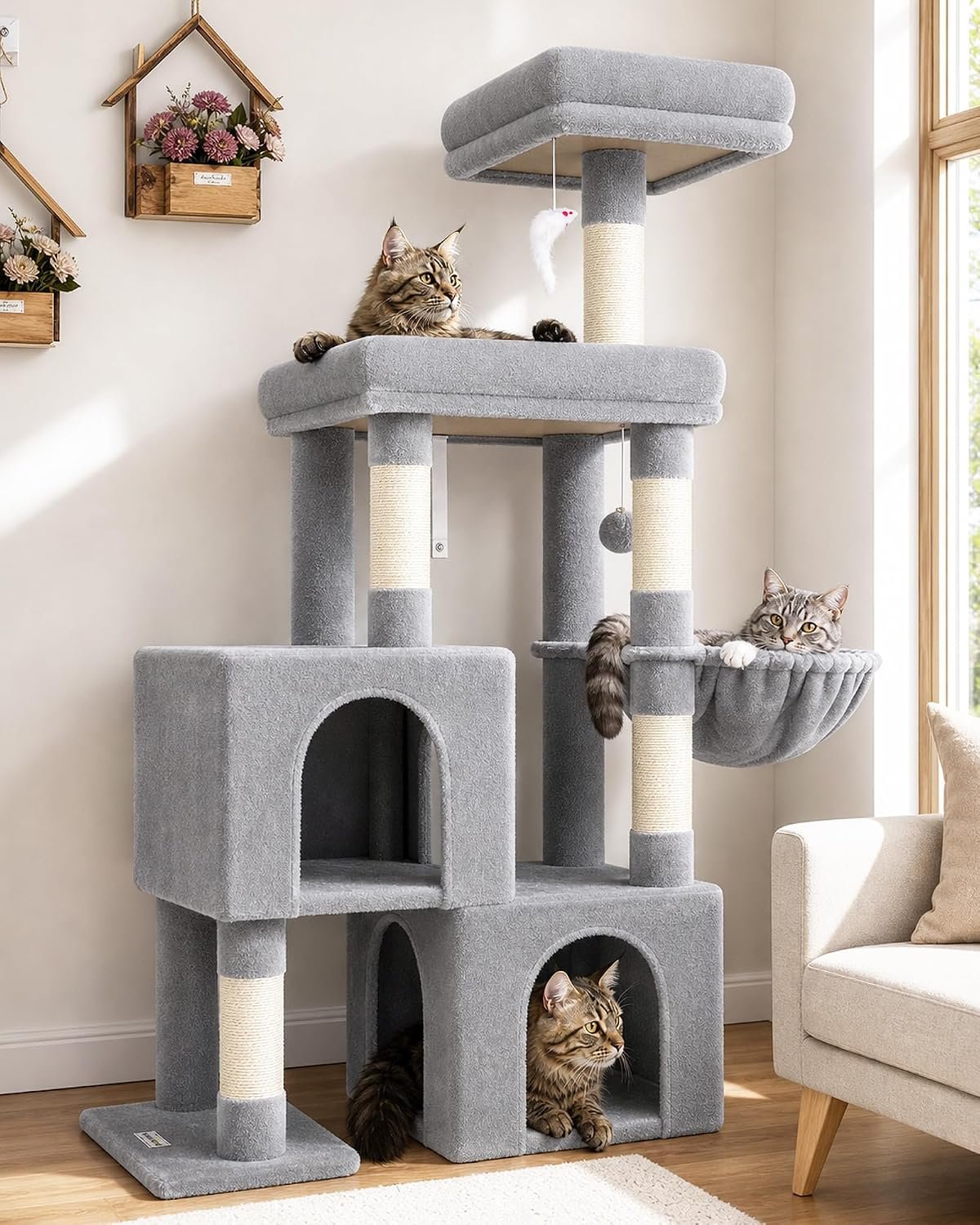 Globlazer 52in Cat Tree Tower for Indoor Cats, 2 Condos, S52, Light Grey | Multi-Level Plush House, 5 Sisal Scratching Posts, 2 Padded Top Perches, Big Metal Basket, Stable Enlarged Base