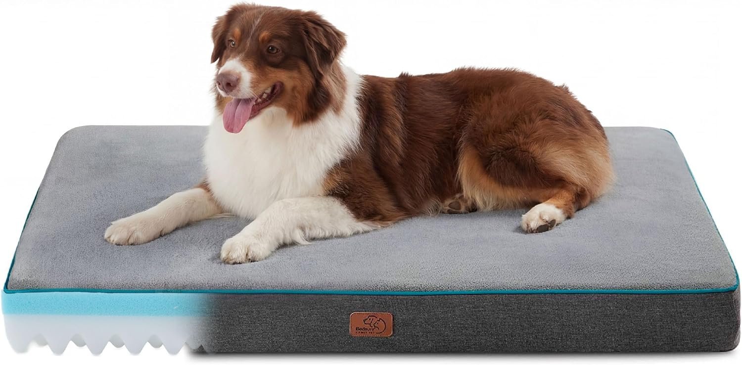 Bedsure Memory Foam Dog Beds Large Sized Dog, Orthopedic Crate Pads, 35×22 | Dual-layer Foam Mat for Optimal Support,Comfy Plush Flannel Fleece Pet Pillow , Removable Washable Cover, Nonslip Bottom，Grey
