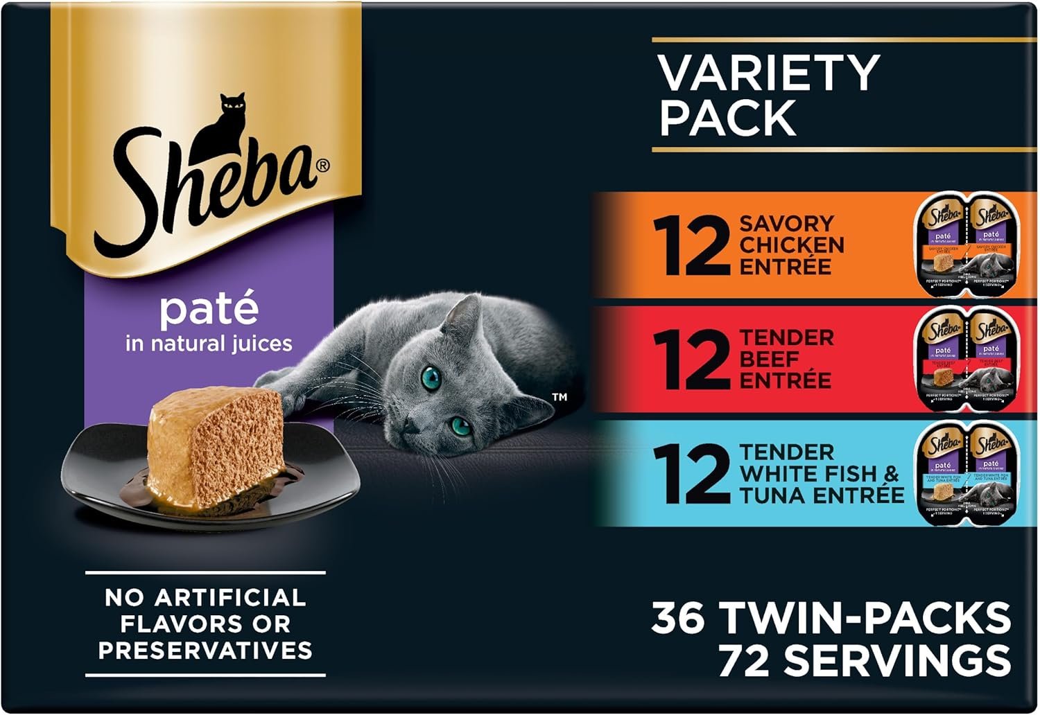 Sheba Perfect Portions Pate Wet Cat Food, Multipack, 2.6 oz, 36 ct | Grain-free, made in USA, Chicken, Beef, Whitefish & Tuna, 72 servings, no by-products, no artificial flavors, twin-pack trays