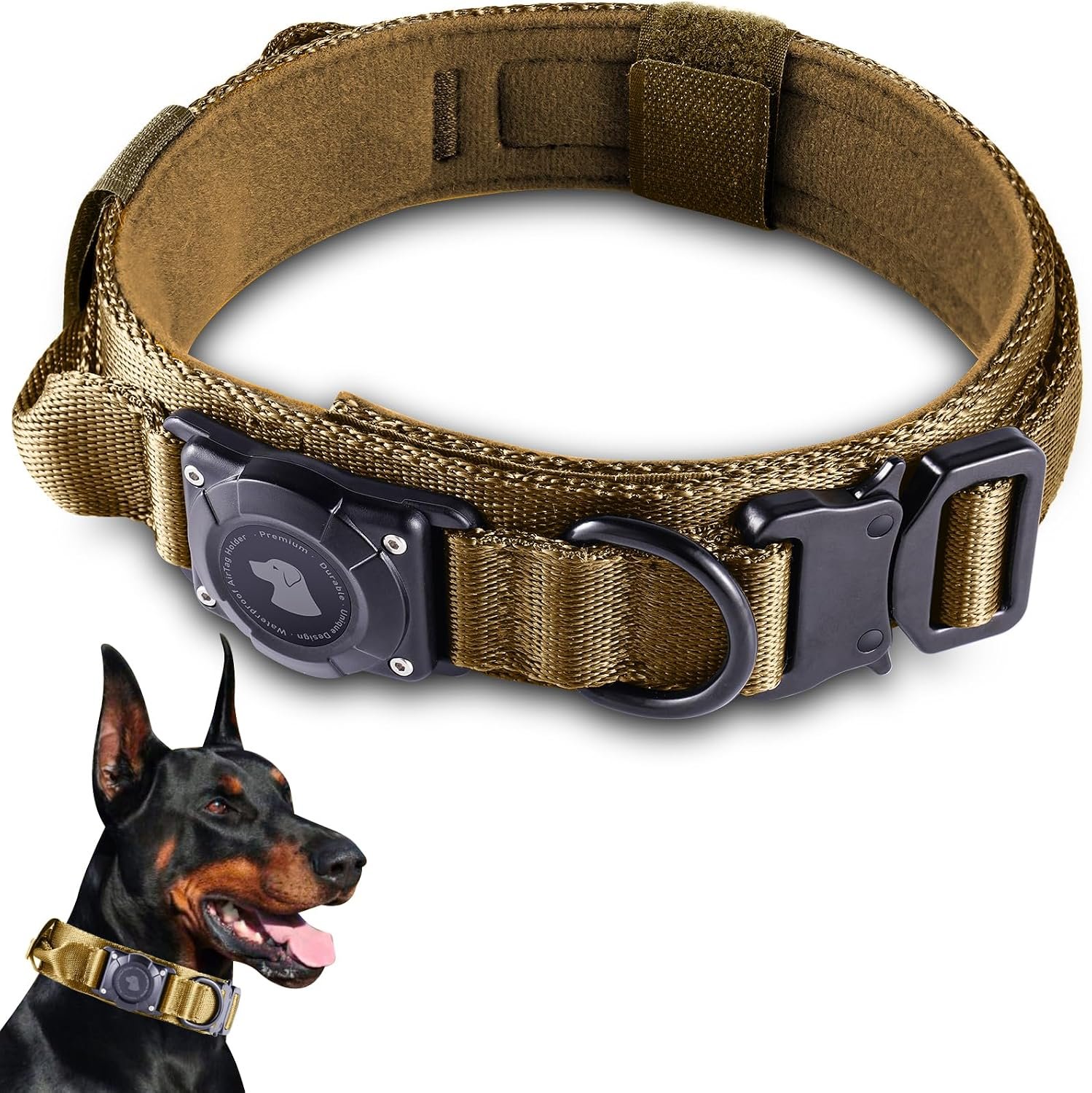 2026 Upgrade Waterproof Tactical AirTag Dog Collar, Built in AirTag Holder | Comfortable Control Handle, Quick Release Metal Buckle, Durable 1000D Nylon, For Medium to Large Dogs, Khaki, M