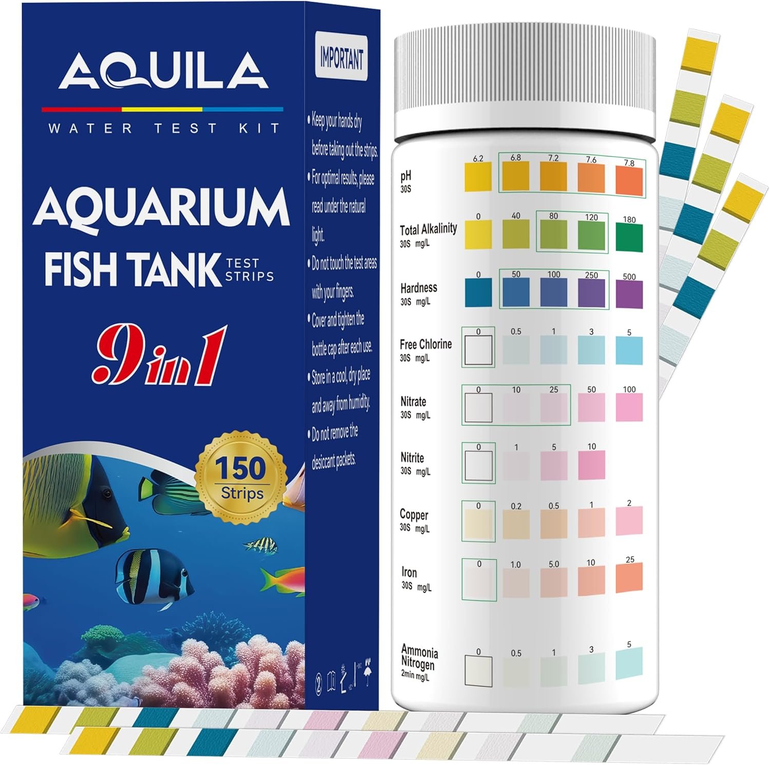 Aquarium Water Test Kit 9-in-1, Aquarium Ammonia Test Strips for Fish Tanks | for Fish Ponds, 150CT Fresh and Salt Water Test Strips for pH Total Alkalinity Hardness Chlorine Nitrite Sulfate Copper Iron