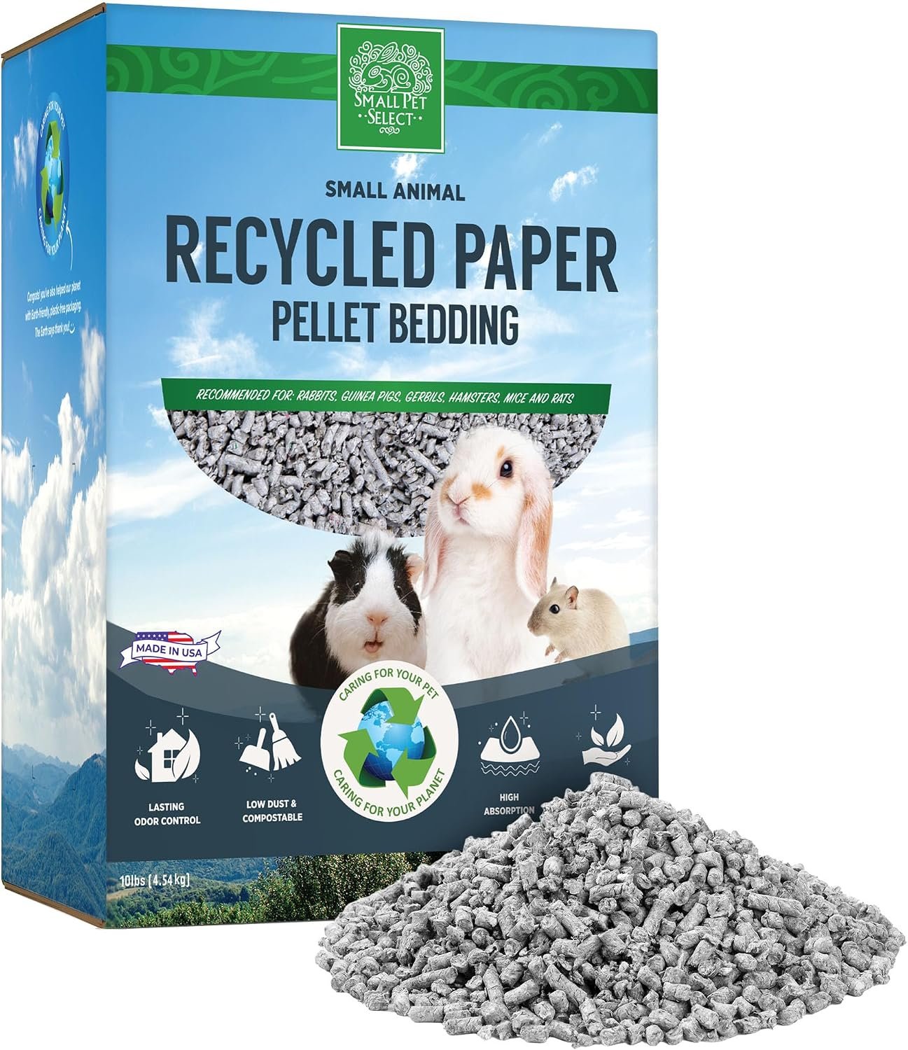 Small Pet Select Recycled Paper Pellet Bedding & Litter, Rabbits, 10 lb | Absorbent Odor Control, Low Dust, Eco-Friendly, For Guinea Pigs, Hamsters, Bunnies, Chinchillas & Small Pets