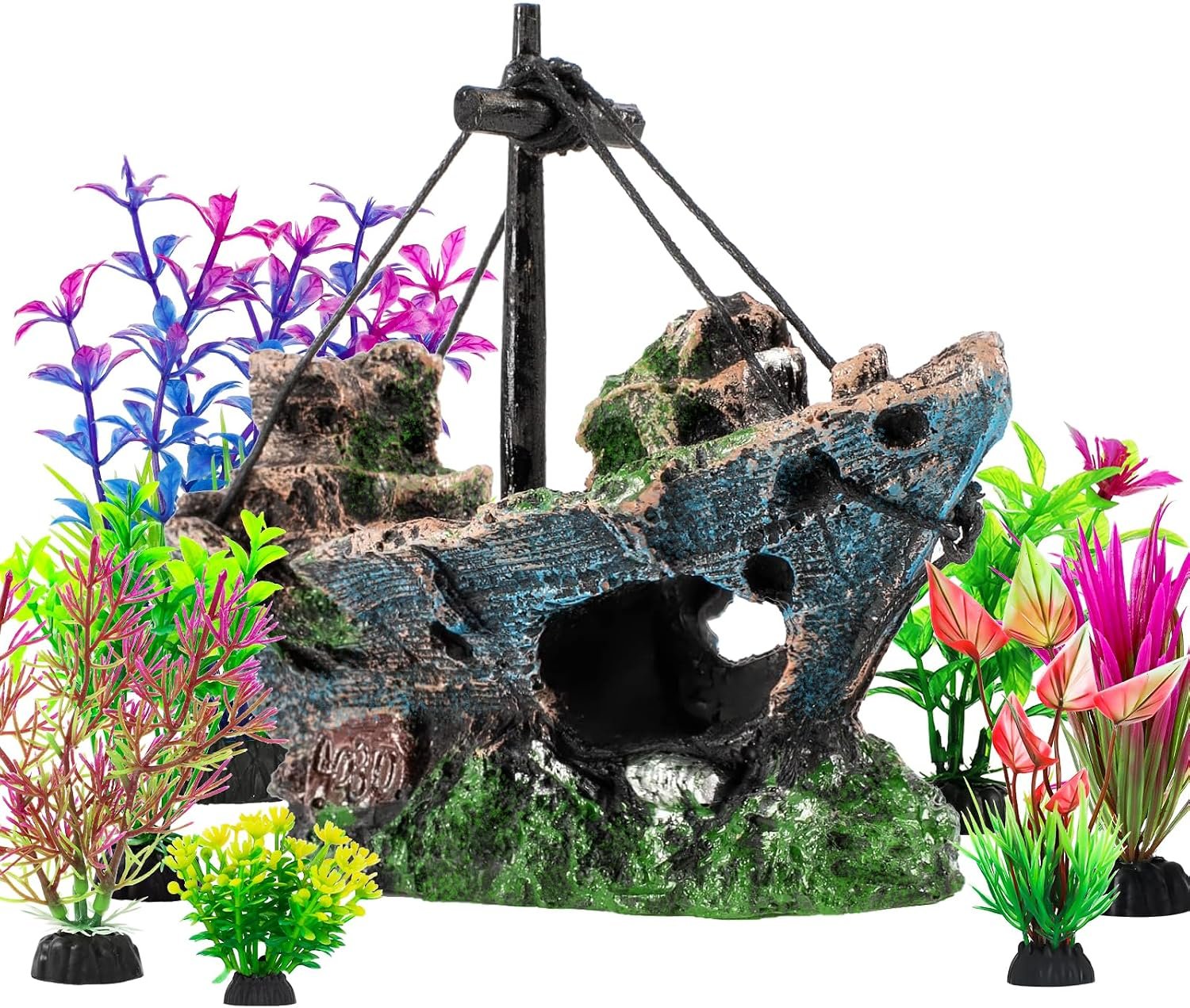 8Pcs Fish Tank Decorations Set Sunken Ship Decoration,Resin Material Fish Tank Accessories Accessories for Natural Look, Aquarium Shipwreck x 1pc, Aquatic Plants x 7pcs