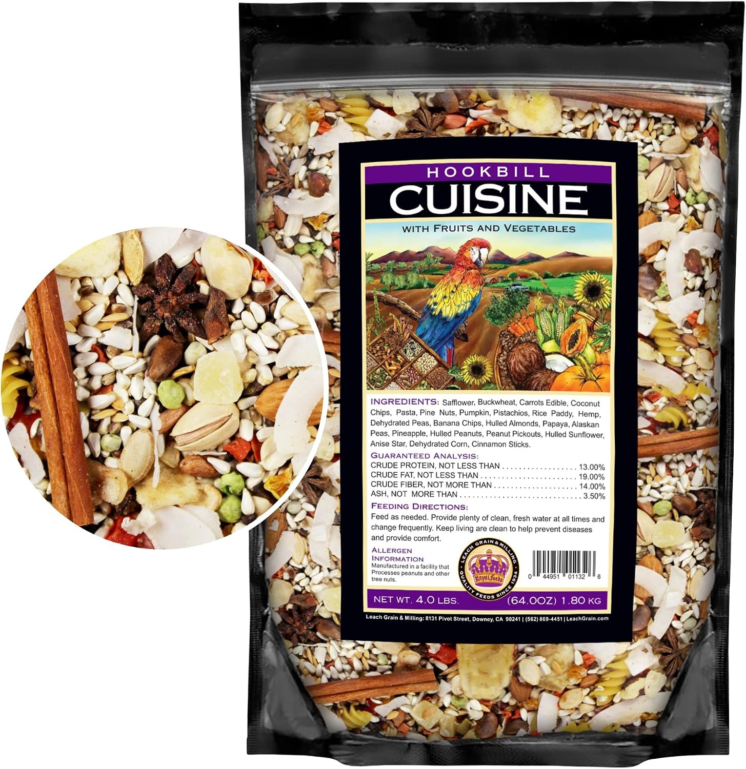 Large Hookbill Cuisine 4 Lbs, Parrot Food for Large Birds with Premium Mixed Fruits and Vegetables, Bird Seed for Large Parrots, Cockatoos & Macaws, Supports Brain, Growth and Healthy Balanced Diet