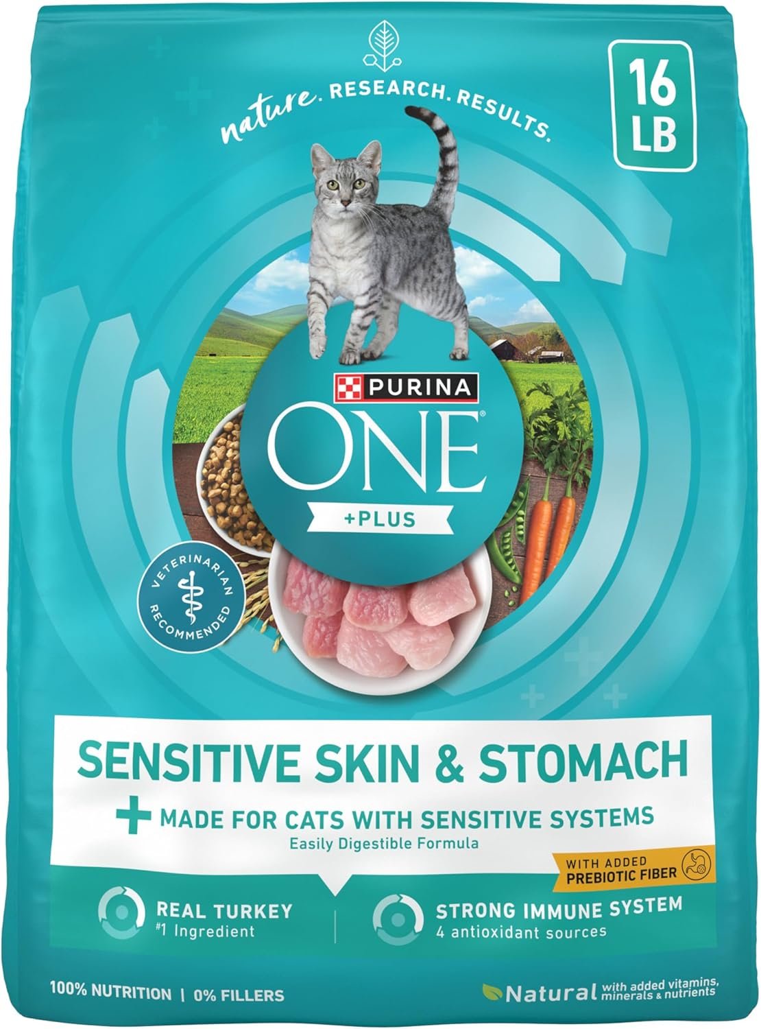 Purina ONE Sensitive Stomach, Sensitive Skin, Natural Dry Cat Food, +Plus Sensitive Skin and Stomach Formula – 16 lb. Bag