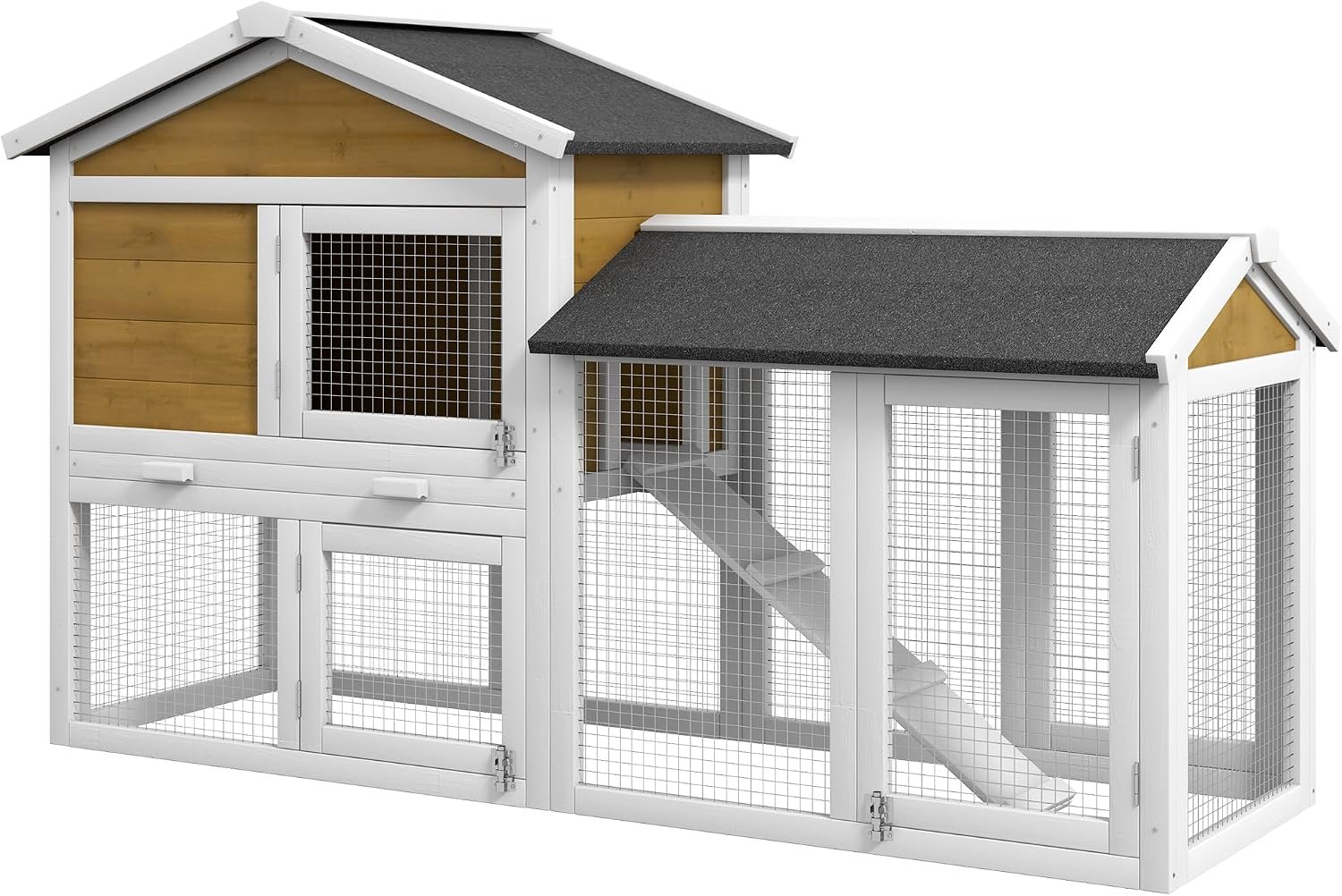 PawHut 58″ Rabbit Hutch, Wooden Bunny Hutch, Guinea Pig Cage, Small Animal Enclosure with Run Area, Removable Tray, Asphalt Roof, Lockable Doors and Ramp, Nature Wood | Wooden Bunny Hutch, Guinea Pig Cage, Removable Tray, Asphalt Roof, Lockable Doors, for 1-2 Small Rabbits, Chickens, Ducks