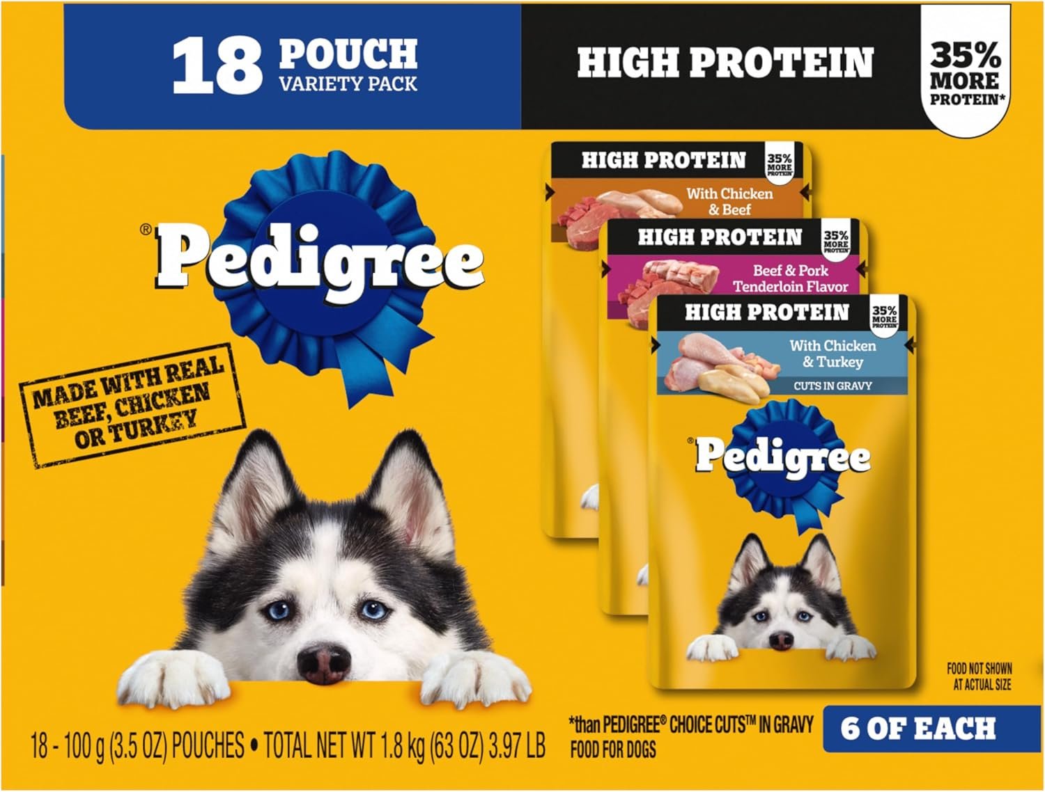 Pedigree High Protein Wet Dog Food Pouches, Variety Pack, 3.5 oz, 18 Count | 35% more protein than Choice Cuts In Gravy, real beef, chicken or turkey, 100% complete & balanced, mix with kibble or alone