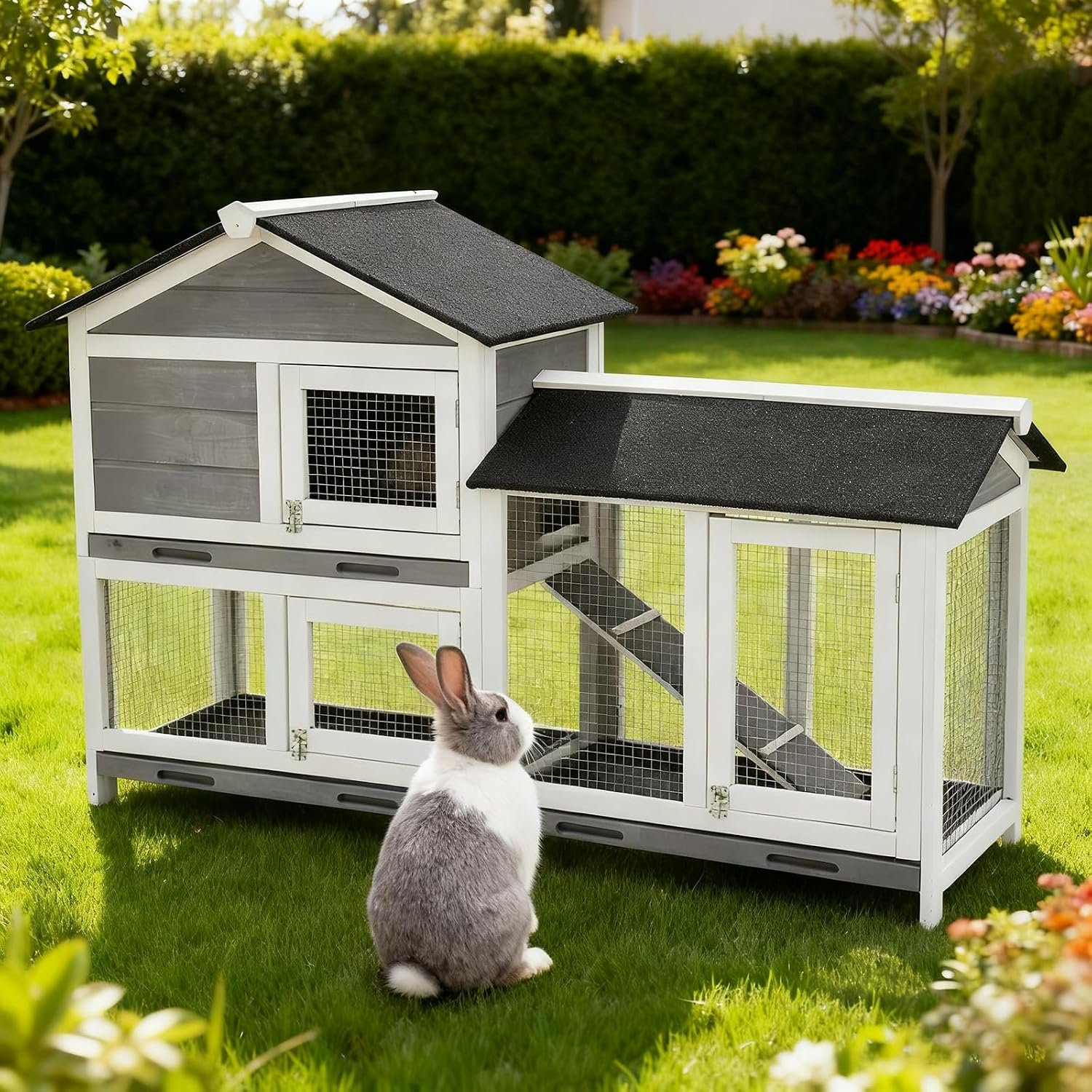 Garvee 58” Bunny Hutch Indoor Bunny Cage, with 3 Removable Trays | Wooden Waterproof Roof Rabbit Hutch Indoor/Outdoor, 2-Tier Bunny House/Chicken Coop, Gray and Black
