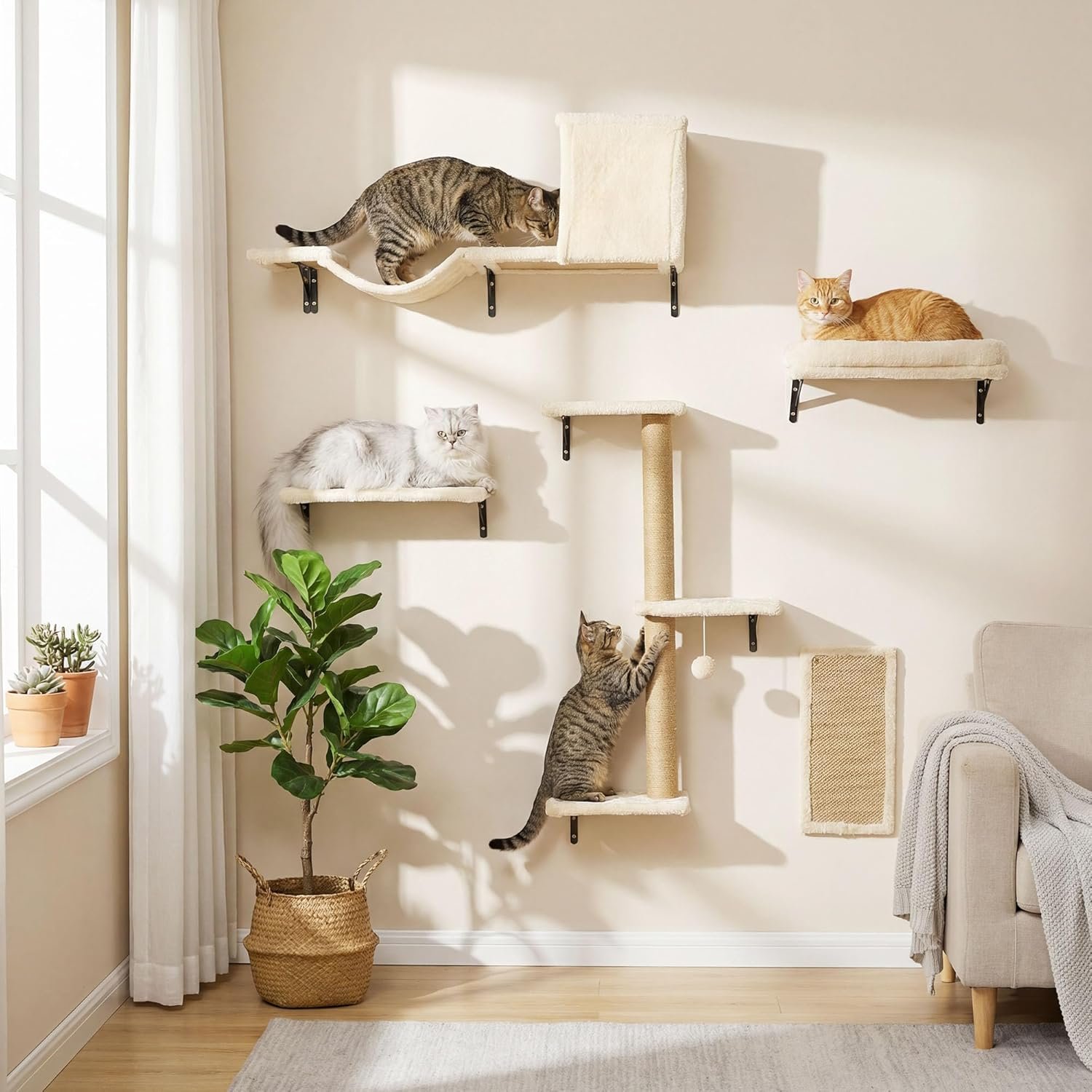 MEWANG 5-in-1 Cat Wall Shelves: Cat Climbing Furniture with Wall Mounted Perch & Lounge for Indoor Cats, Space-Saving Wall Pet Shelves for Play & Rest – Beige