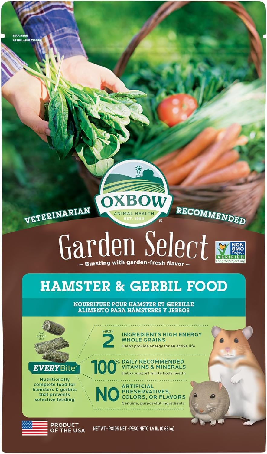 Oxbow Garden Select Hamster Food & Gerbil Food, Non-GMO Pellets, 1.5 lb | Hamster Food, Vitamins & Minerals, Uniform, Timothy, Orchard, Oat Hay, Daily Uniform Diet, For Hamsters And Gerbils