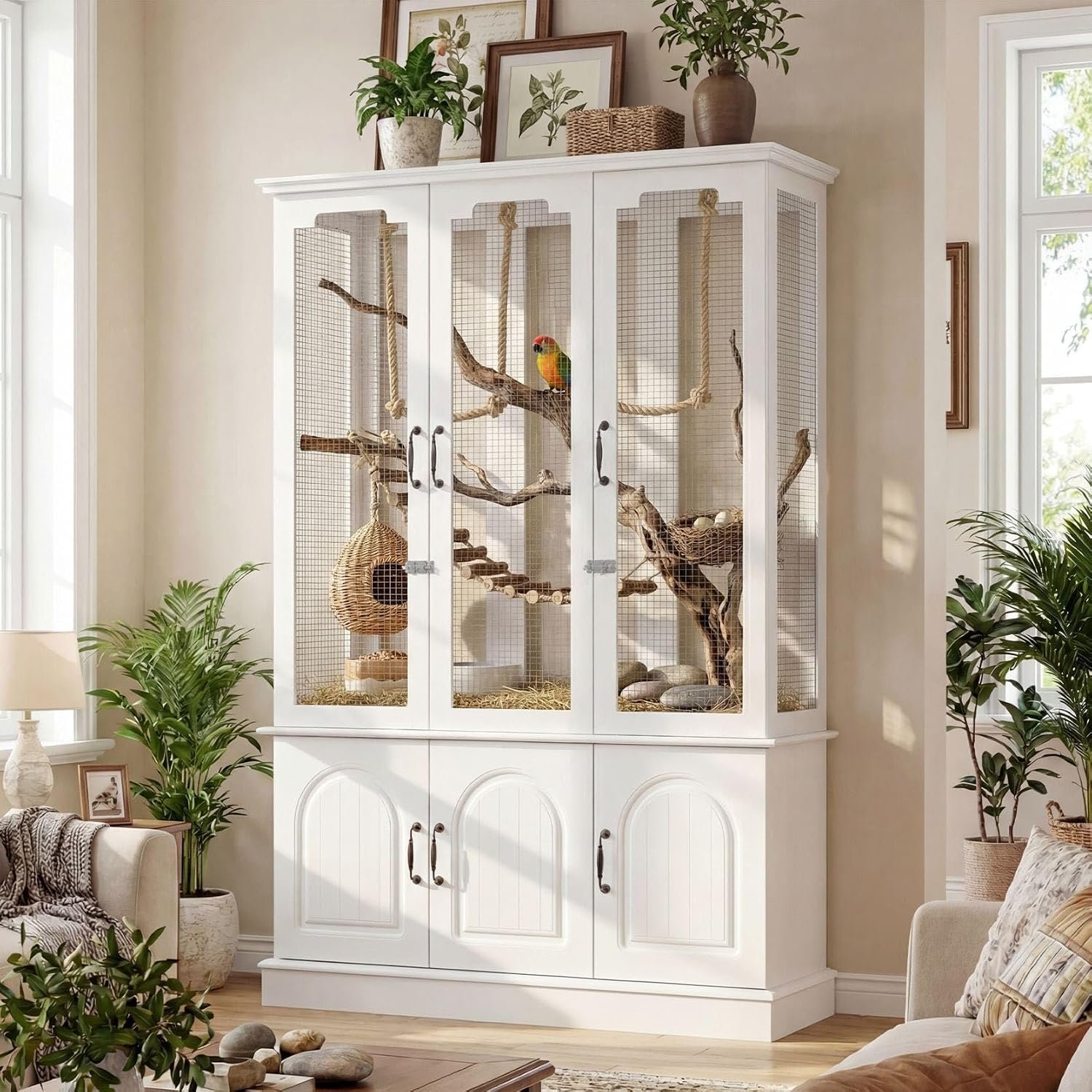 70.8″ Tall Large White Parakeet Bird Cage with Storage Cabinet | Cockatiel Cage,Large Flight Parrot Cage with Lock, DIY-Friendly, 47.2″ Wide Bird Cages for Parakeets, Cockatiels, Finches