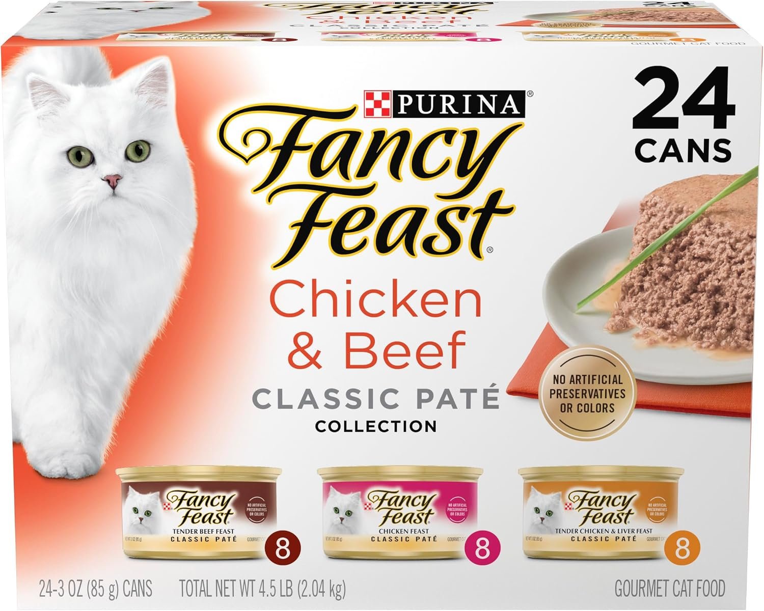Purina Fancy Feast Chicken and Beef Classic Pate Collection Grain Free Wet Cat Food Variety Pack – (Pack of 24) 3 Oz. Pull-Top Cans