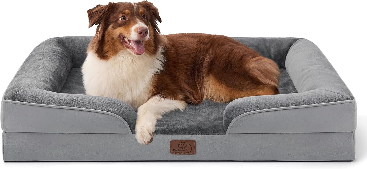 Bedsure Orthopedic Dog Beds Large Sized Dog with Removable Washable Cover | 35″ Classic Big Dog Couch Sofa Waterproof, Comfy Bolster Sides, Nonslip Bottom, Cozy Pet Bed for Cats, Senior Dogs, Grey