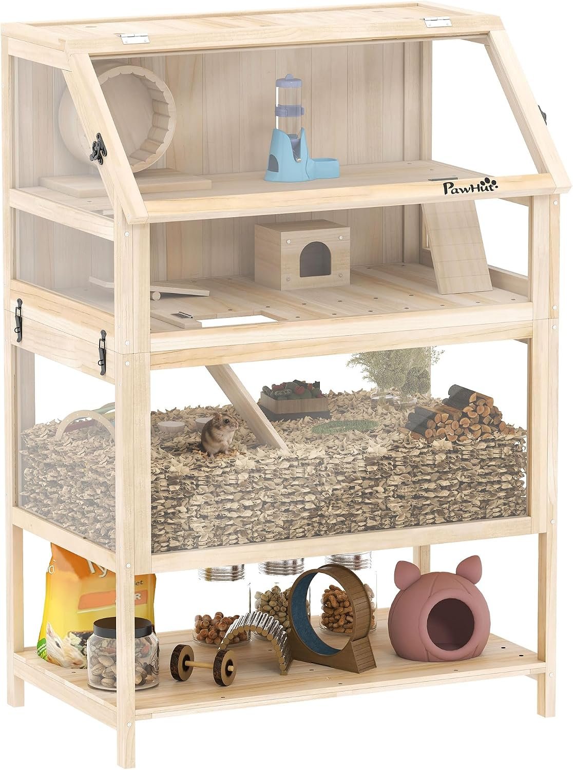 PawHut Wooden Hamster Cage with Storage Shelf for Dwarf, 31.5″ x 21″ x 46″ | 3 Tier Small Animal Cage, Detachable Lower Floor, Hut, Seesaw, Exercise Wheel, Ramps, Hamster Habitat for Gerbil