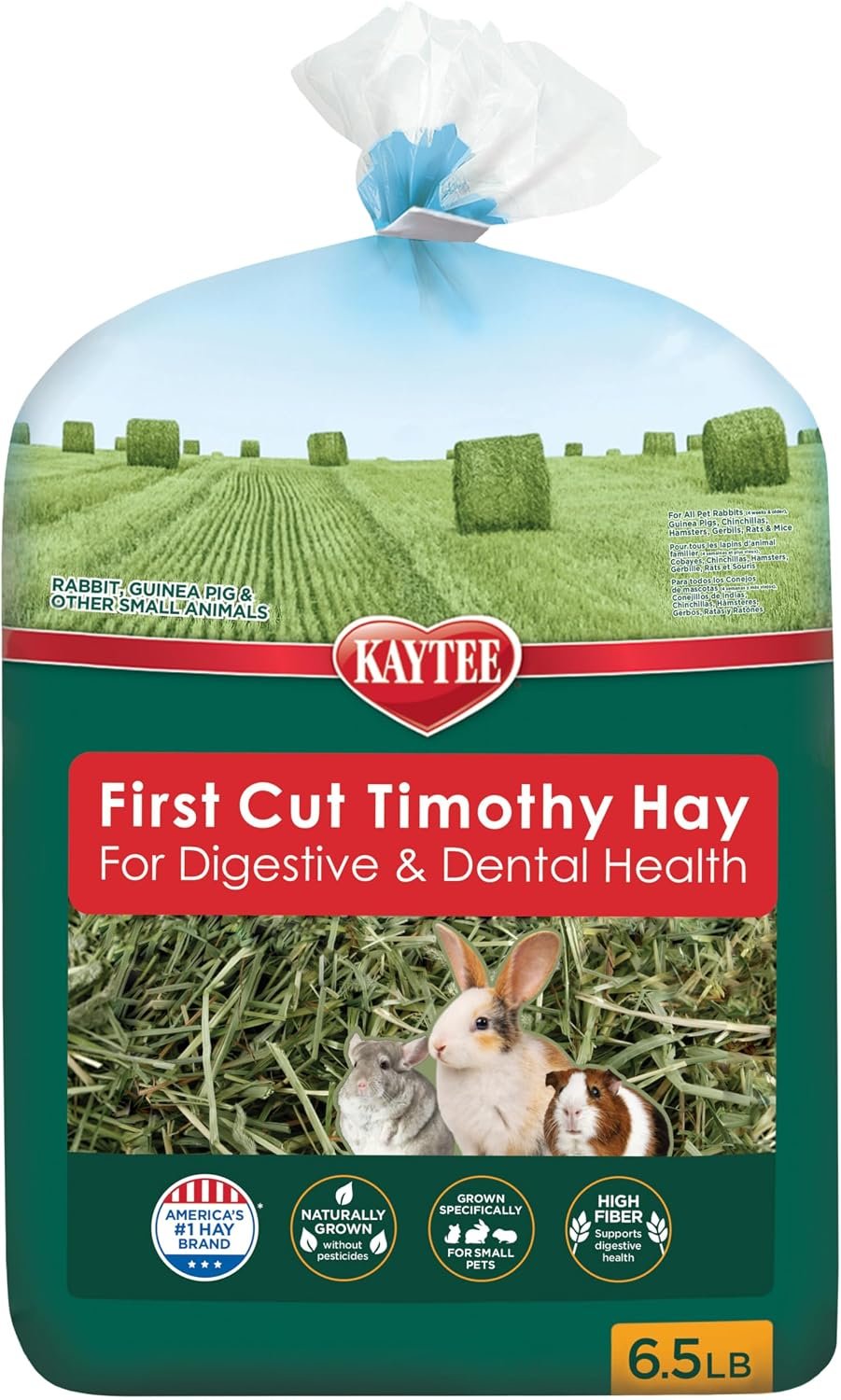 Kaytee First Cut Timothy Hay, High Fiber, Grown Specifically for Small Animals, Rabbits, Guinea Pigs, Chinchillas, 6.5 Pounds