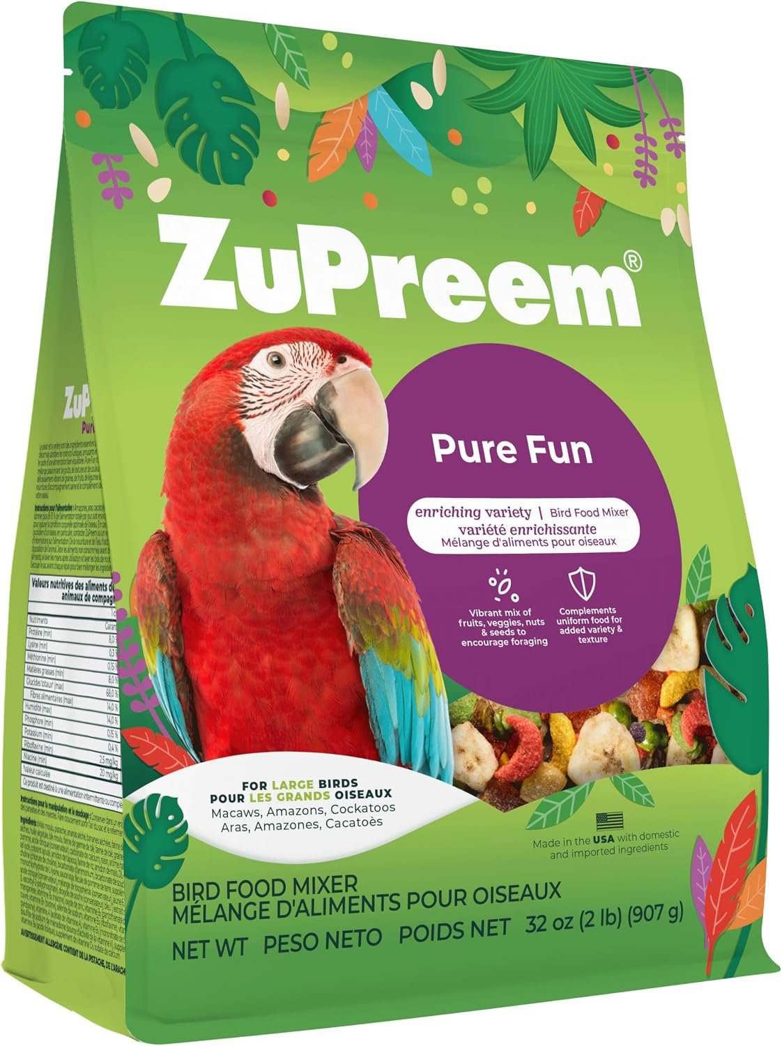 ZuPreem Pure Fun, Cockatoo & Macaw Food, Bird Food Mixer, Large, 2 lbs | Bird Food Mixer, Parrot Food, Amazon, Cockatoo, Macaw, Pellet Mix, Seed, Bananas, Peas, Carrots, Large Birds, Made in USA