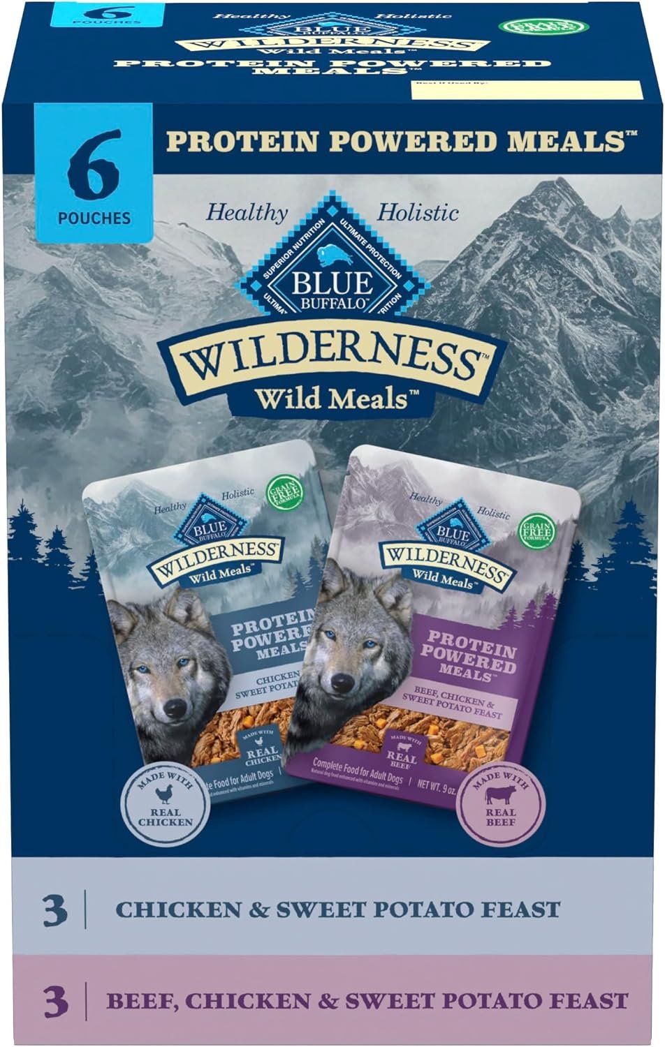 Blue Buffalo Wilderness Variety Pack Wet Dog Food, Grain-Free, 9 oz, 6 ct | High Protein, Protein Powered Meals, Chicken & Sweet Potato and Beef, Chicken & Sweet Potato (3 of Each)