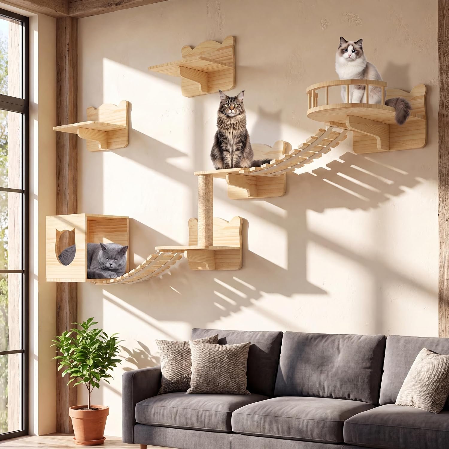 Cat Wall Shelves, 9-in-1 Wood Cat Wall Furniture Set, Burlywood | Cat Climbing Systems for Space-Saving, Wall Mounted Cats Shelves for 16 Inch Drywall, with Scratching Posts, Bridge, Condos