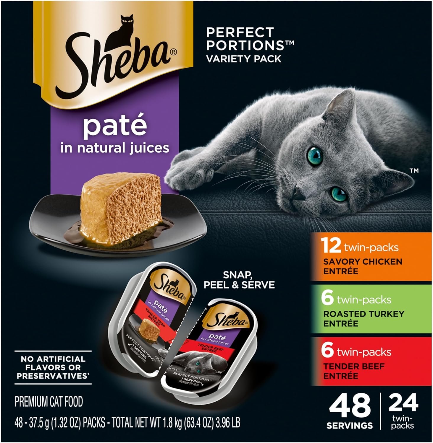Sheba Perfect Portions Pate Wet Cat Food, Multipack, 2.6 oz, 24 ct | Grain-free, Chicken, Turkey & Beef, 48 servings, no artificial flavors/preservatives, complete & balanced, twin-pack trays
