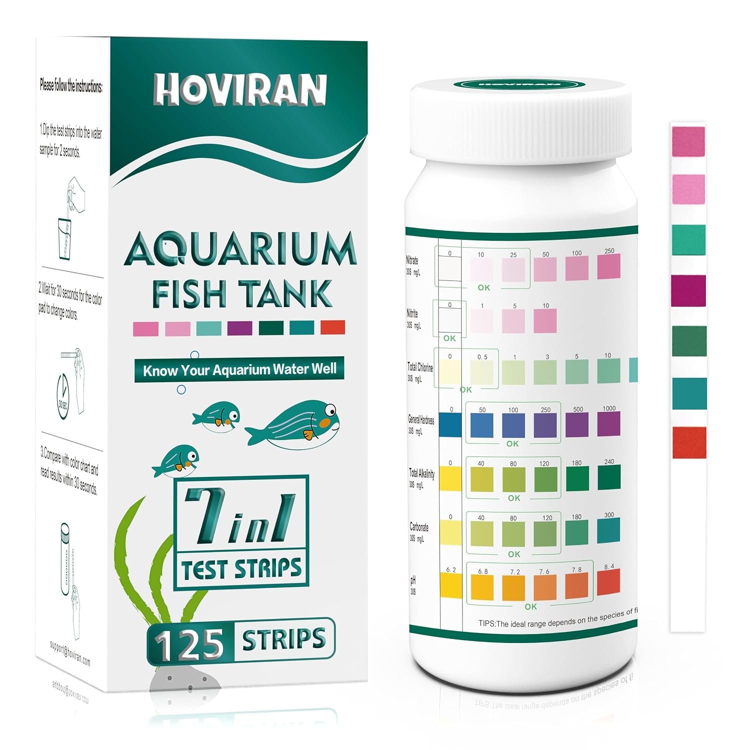 7 Way Aquarium Test Strips, 125 Strips for Fish Tank & Pond Test Kit | Freshwater Saltwater Water Testing Kit Aquarium for Chlorine, Total Hardness, Carbonate, Alkalinity, Nitrate, Nitrite and pH