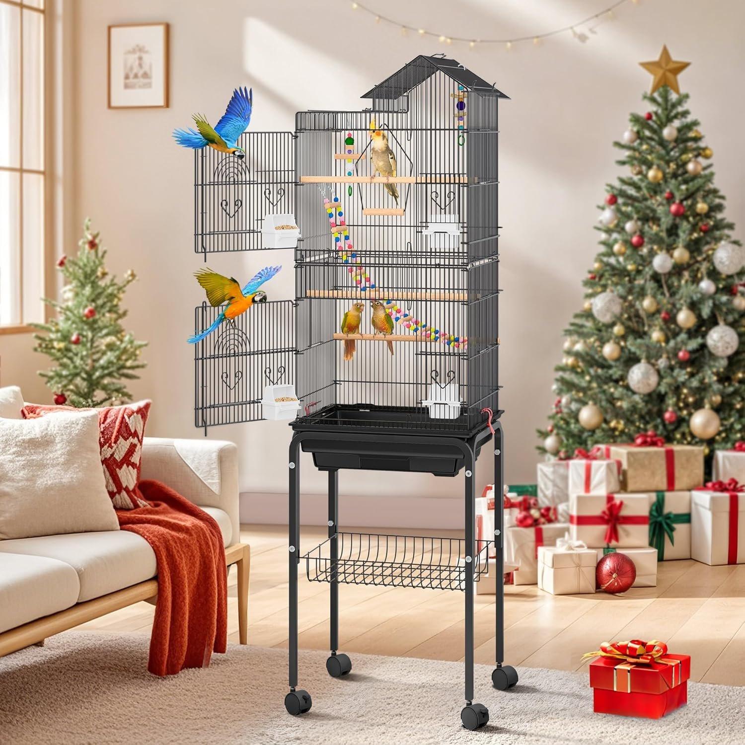 DWVO 62-inch Metal Bird Cage | Bird Cage Spacious for Cockatiels, Parrots, Pigeons, Lovebirds, Features Roof Access and Rolling Stand Black