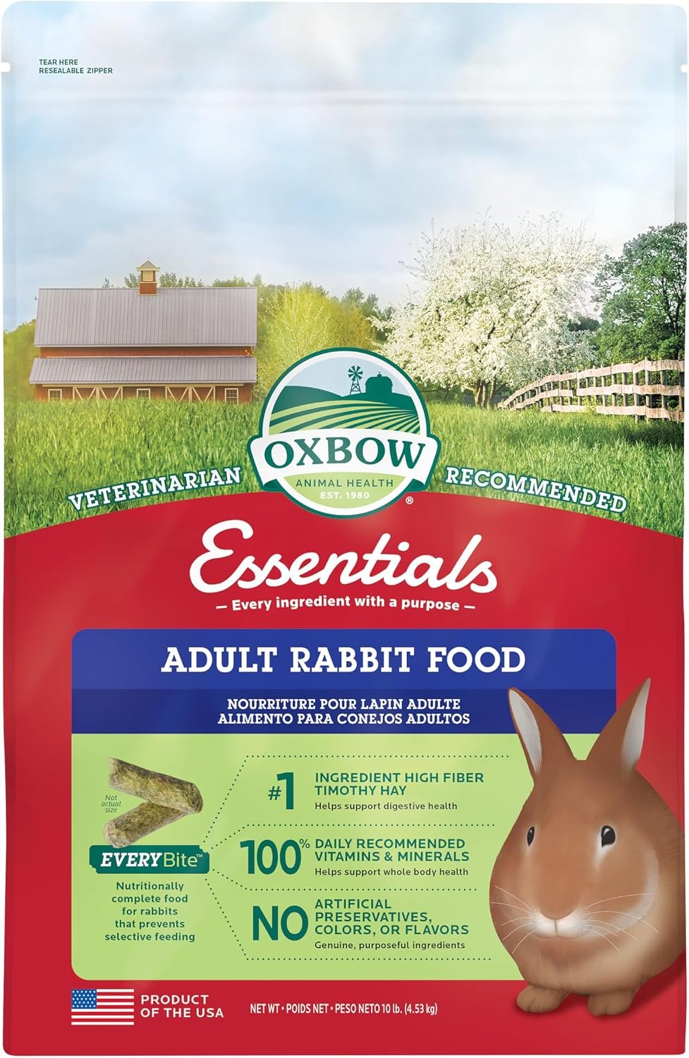 Oxbow Essentials Adult Rabbit Food, Timothy Hay Rabbit Pellets, USA, 10 lb | Bunny Food for Adult Rabbits, Made with High Fiber Oxbow Hay, Vitamins & Minerals, Uniform, Prevents Selective Feeding