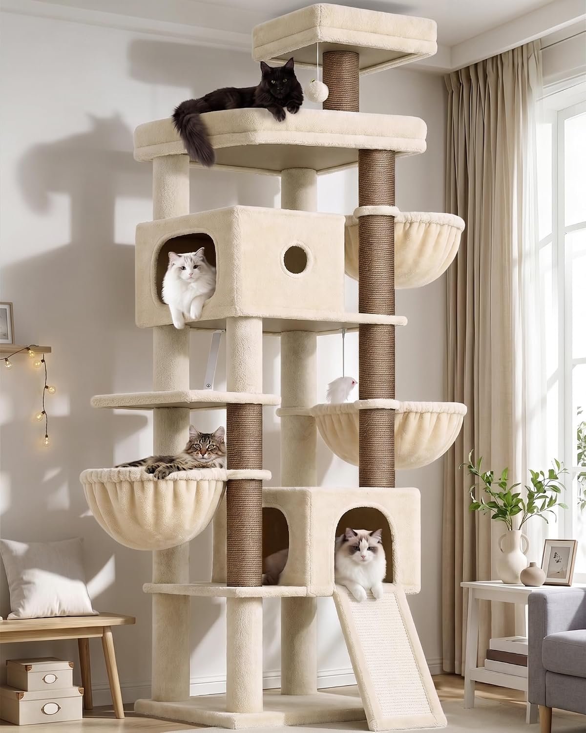 Globlazer F83C Heavy Duty Tall Cat Tree, 83in Multi-Level Tower, Beige | Easy Assembly, Maine Coon, Large Cats, Tall Tower, 2 Condos, 3 Hanging Baskets, 2 Perches, 7 Sisal Posts, Anti-Topple Strap