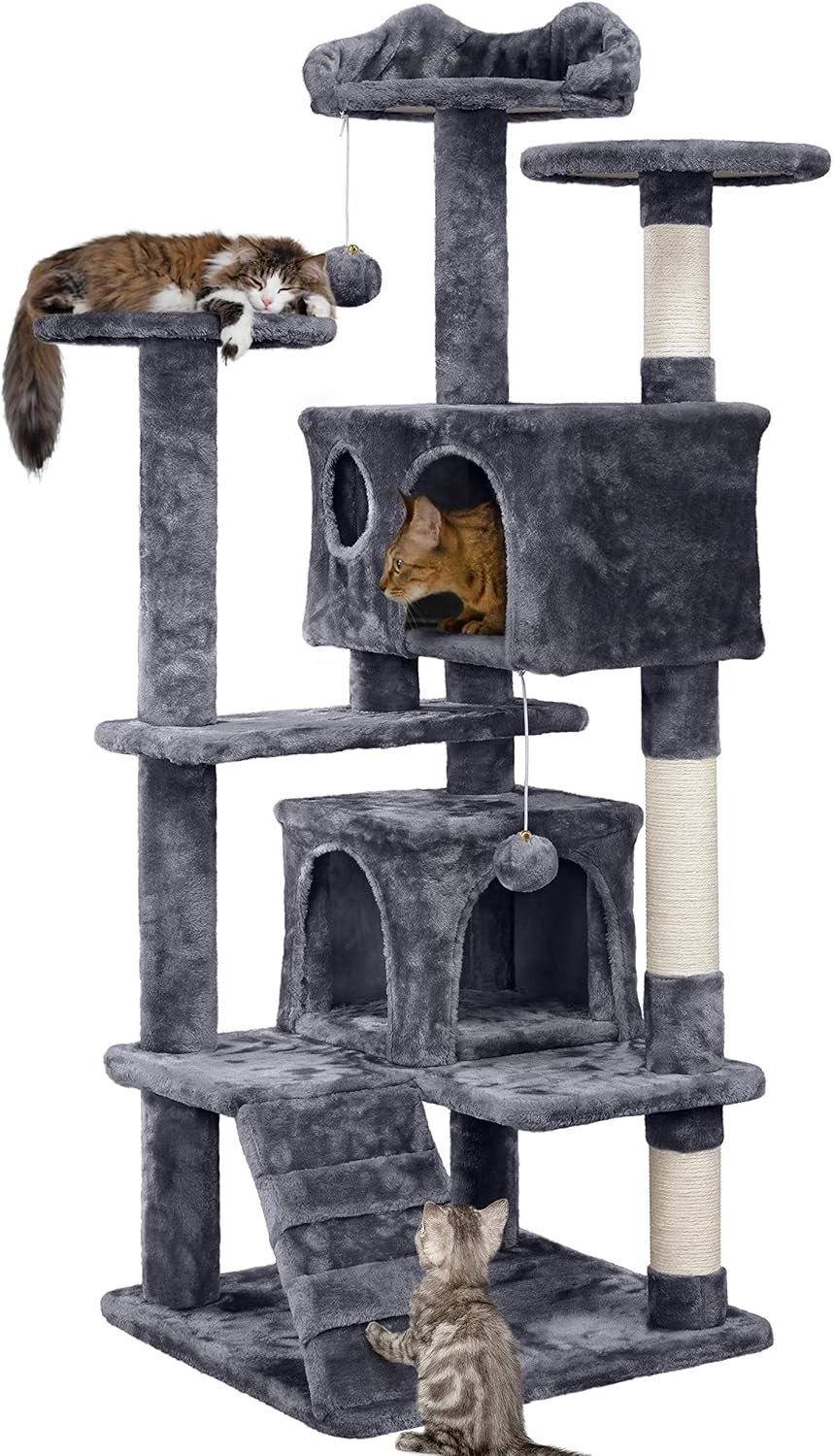 Yaheetech 54in Cat Tree Tower, 2 Caves, Kitten-Ear Perch & Scratching Posts | Multi-level layout, climbing ladder, easy assembly, high pet appeal, total load 66lbs for all indoor cats, dark gray