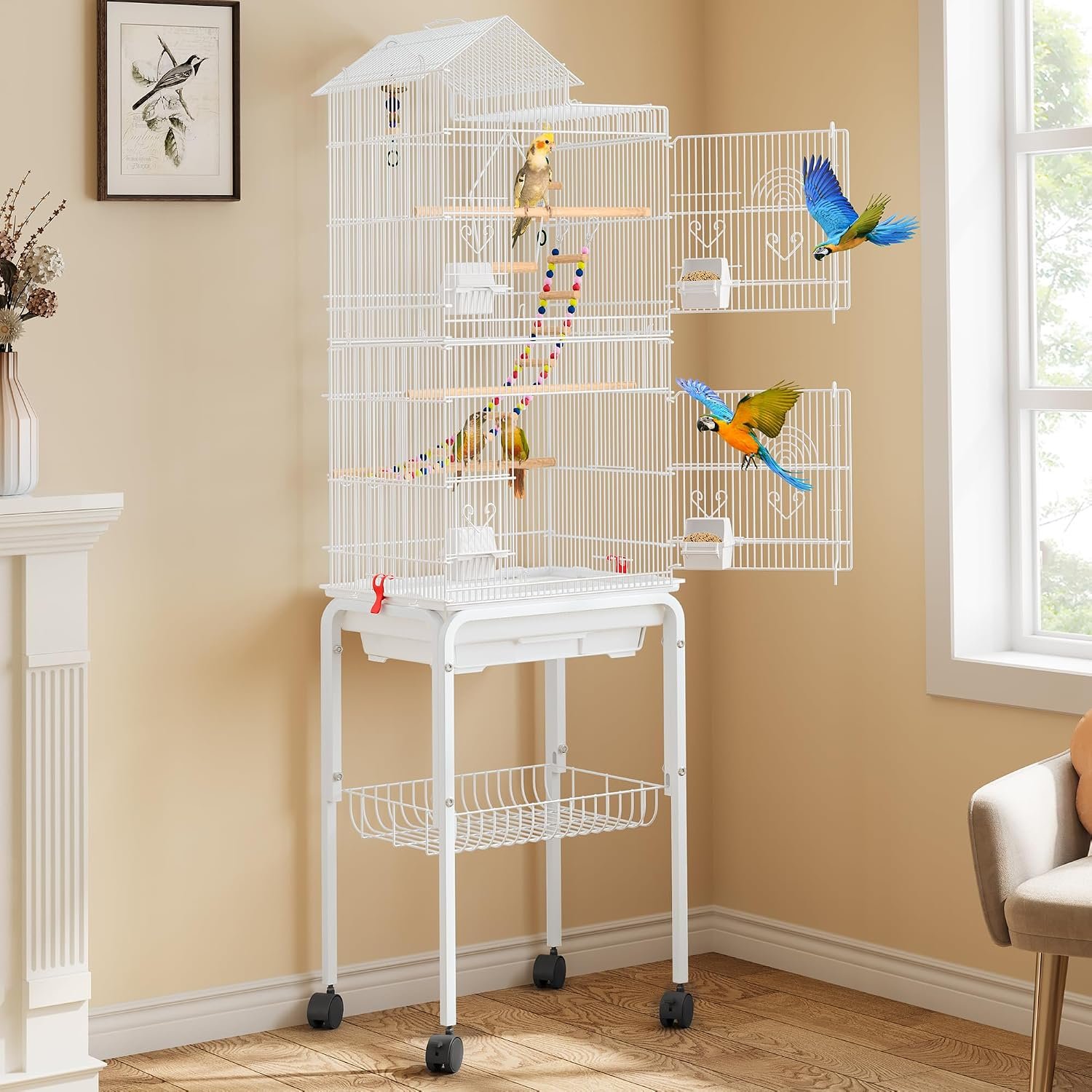 YITAHOME 62 inch Metal Bird Cage, Large Parakeet Cages | Bird Cage for Parrot, Cockatiel, Lovebird, Pigeon with Roof Top, Rolling Stand and Hanging Accessories, White