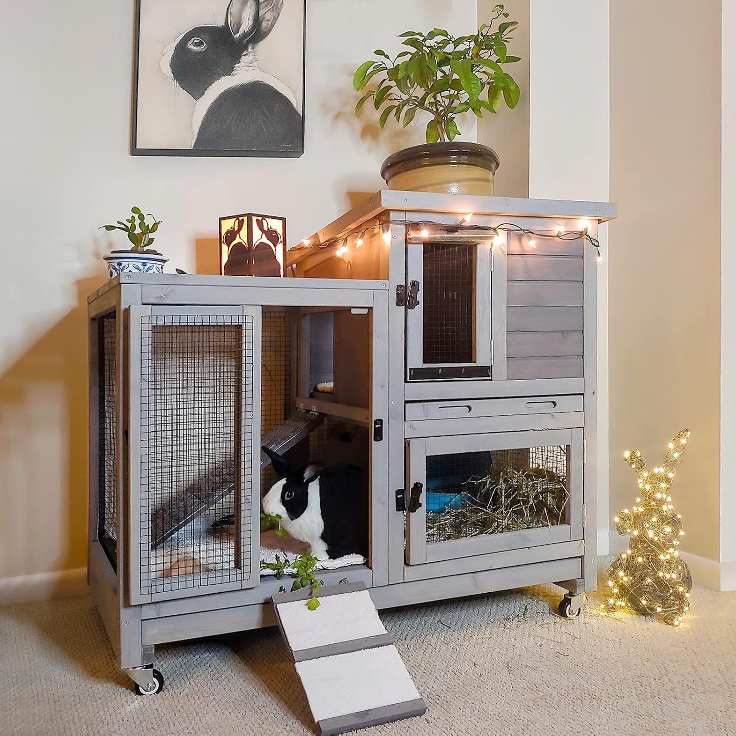 Aivituvin Rabbit Hutch Large Wooden Bunny House Guinea Pig Cages on Wheels, Two Trays, Indoor Outdoor