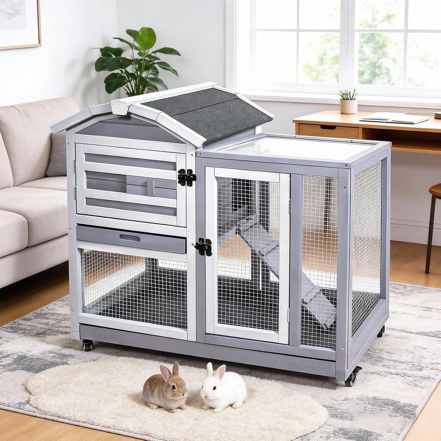 GEGURI Rabbit Hutch Indoor Rabbit Cage Outdoor, Wooden Bunny Cages for Guinea Pig with Wheels, Removable Tray, Ramp