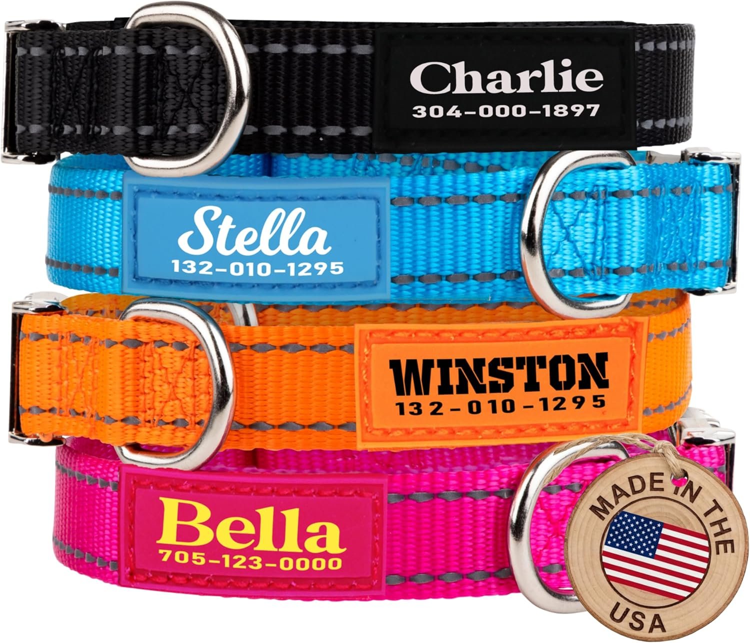 Personalized Dog Collars – Reflective Nylon Collar Customized with Name and Phone Number Adjustable Sizes for Small Dogs, Medium, Large 4 Colors Male Female boy Girl Puppies