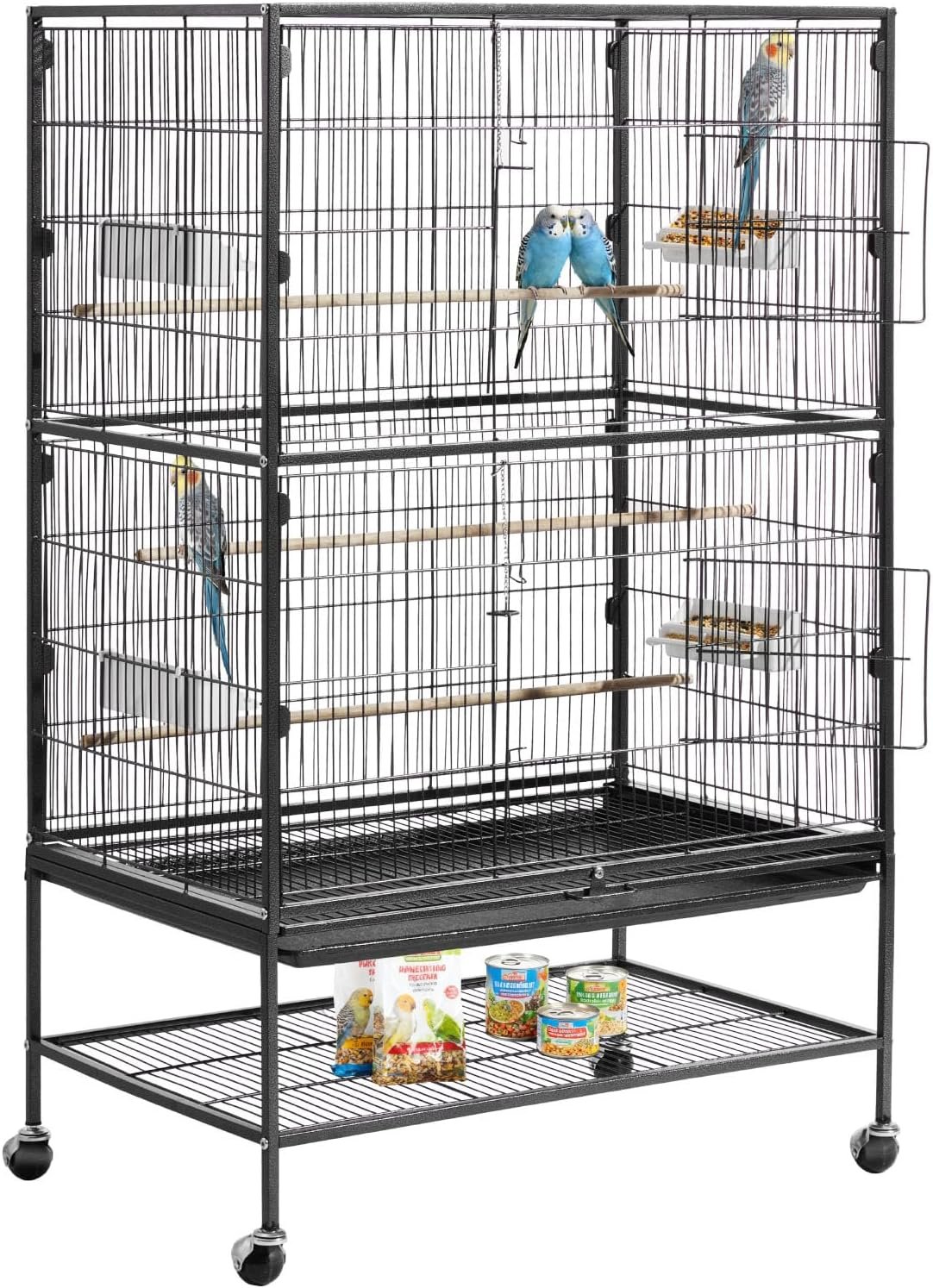 VEVOR Bird Cage, 31.5 x 20.5 x 52 inch, Flat Top, Wrought Iron Bird Flight Cage with Perches, Slide-Out Tray and Plastic Feeders, Casters, for Parrot, Blue Tit, Cockatiel, Canary, and Monk Parakeet