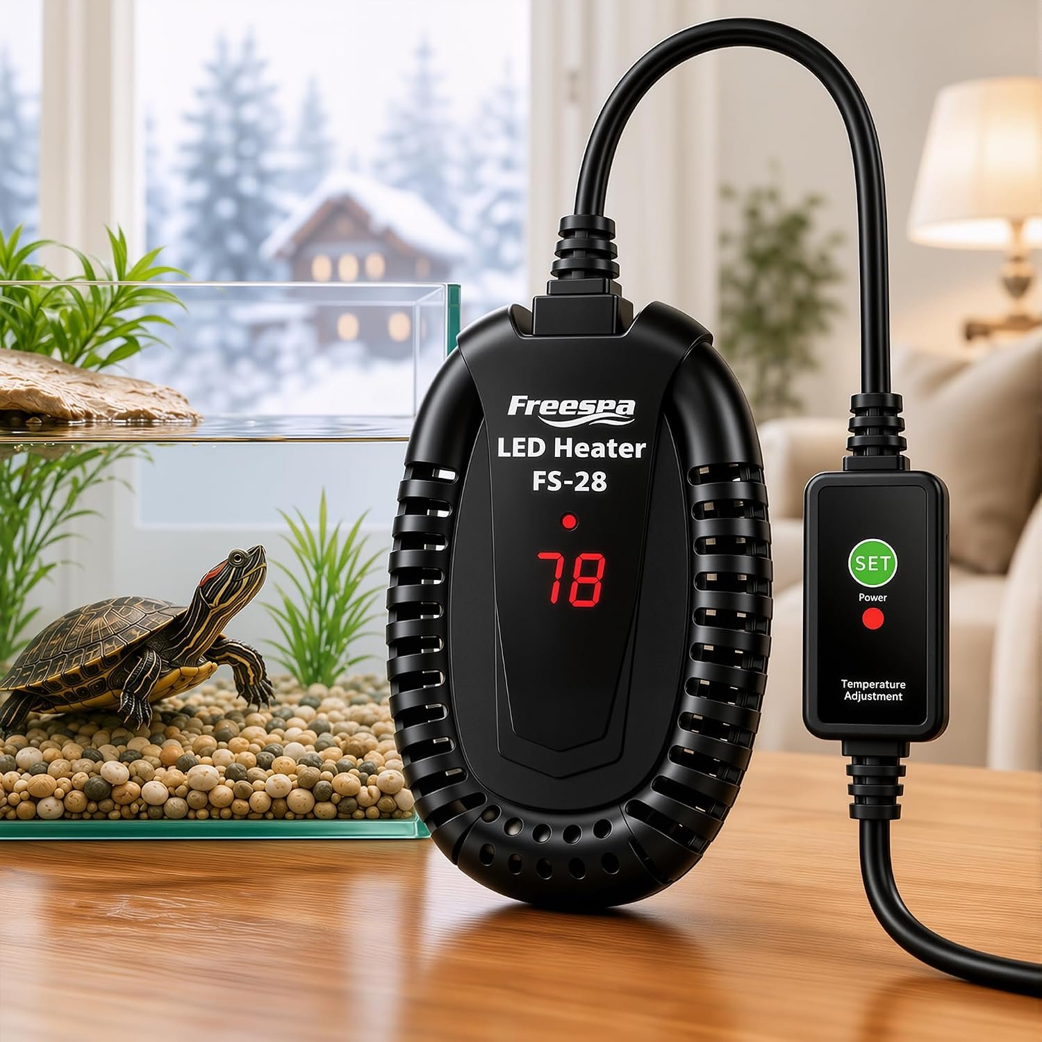 FREESEA Adjustable Turtle Tank Heater: Precise Temperature Control 64-95℉ | Deviation of Less 1.8F – Keep 1-10 Gallon 1.5″ Shallow Water Turtle Tank Steady & Safe – External Controller Easy to Adjust