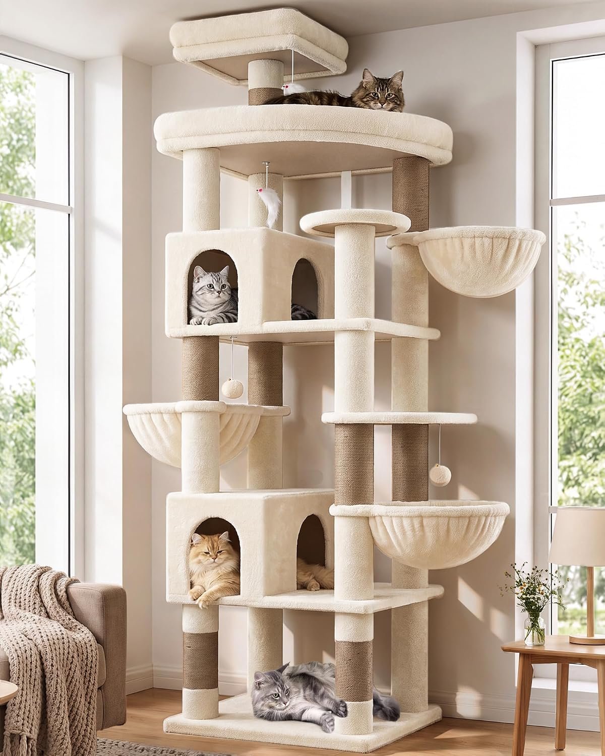 Globlazer Extra Large Cat Tree Tower, 82in Tall Heavy Duty Cat Tree for Indoor Cats Large Adult Big Cat Tower with 8 Scratching Posts, 2 Cat Condos, 2 Top Perches, 3 Hanging Baskets, S82, Beige