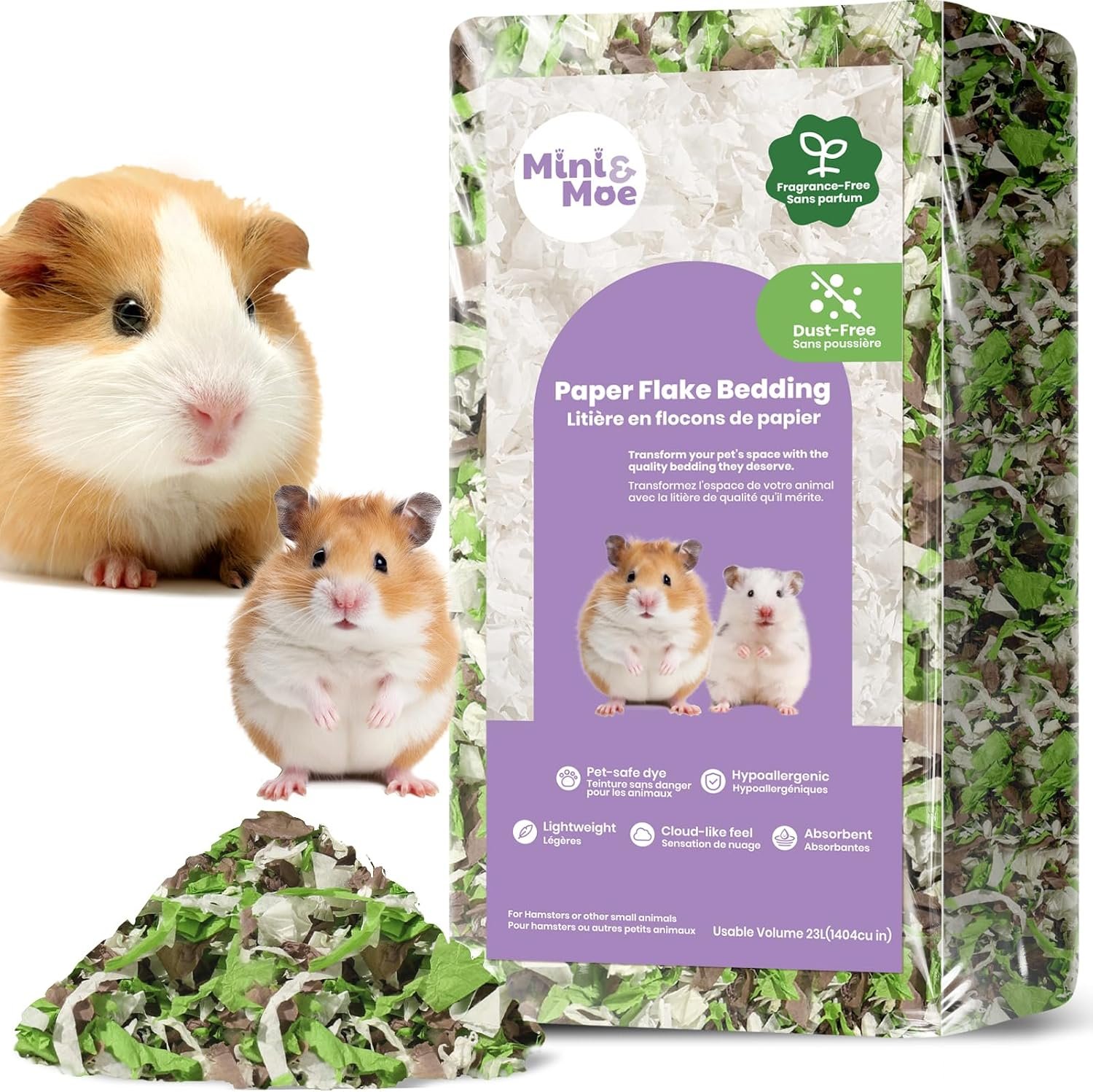 mini&moe Hamster Bedding 25 Liters: Hamster Bedding Dust-Free and Odor Control Moisture Absorbent Natural Paper Small Pet Bedding – for Guinea Pigs, Hamsters, Rabbits, and Small Animal