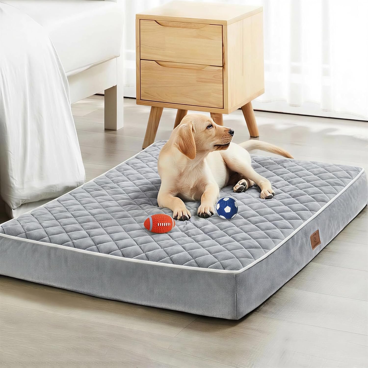 WNPETHOME Orthopedic Waterproof Extra Large Senior Dogs Bed for Comfy Sleeping with Removable Washable Cover, Multi-Needle Quilting XL Crate Bed for Large Sized Dog Relax, Light Grey