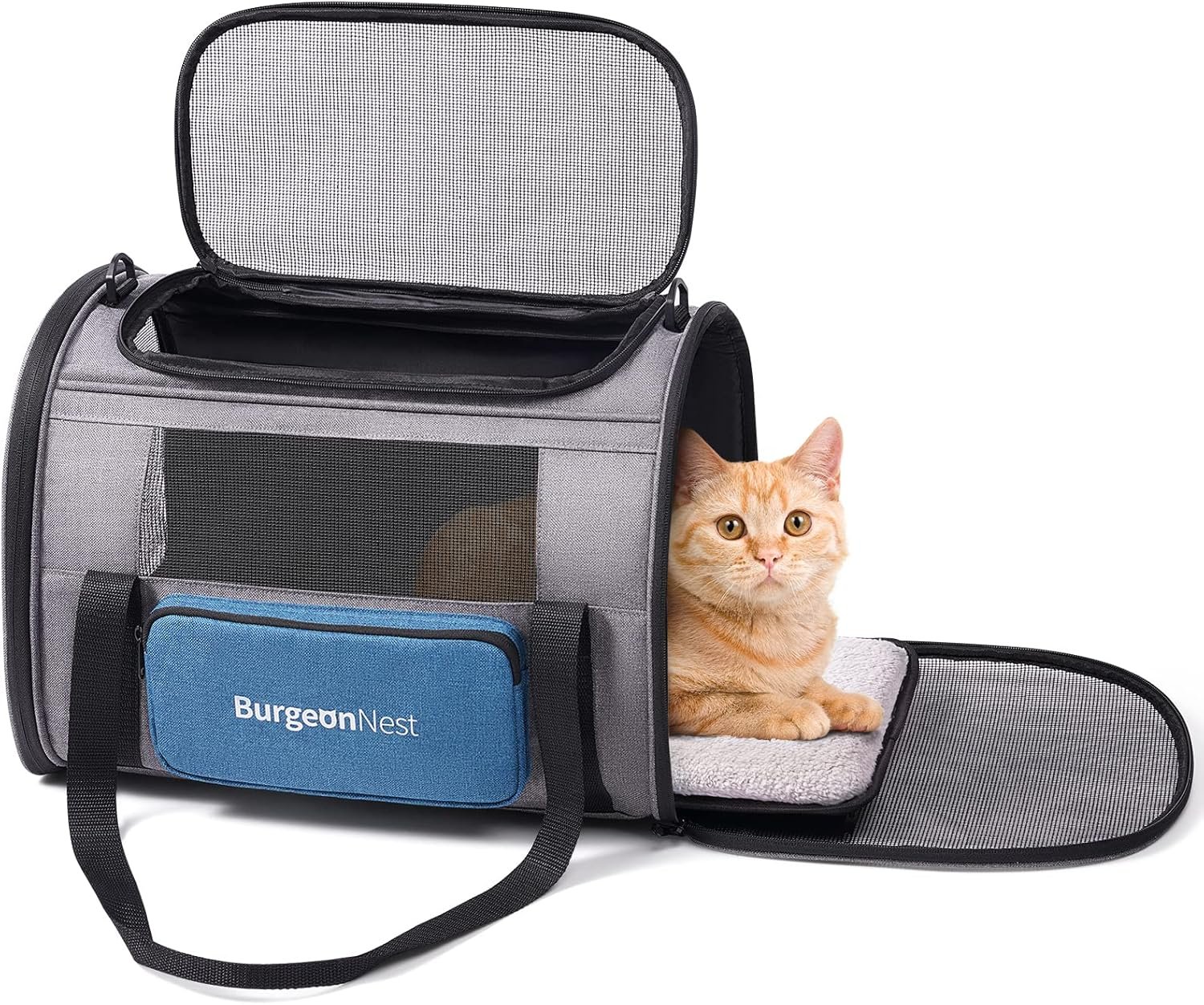 Cat Carrier for Cats up to 20 Lbs, Soft-Sided Escape Proof | Top Load Pet Crate for Medium to Big Kitten Small Puppy Transport with Unique Side Bag, Home Outdoor Car Travel, Medium Blue