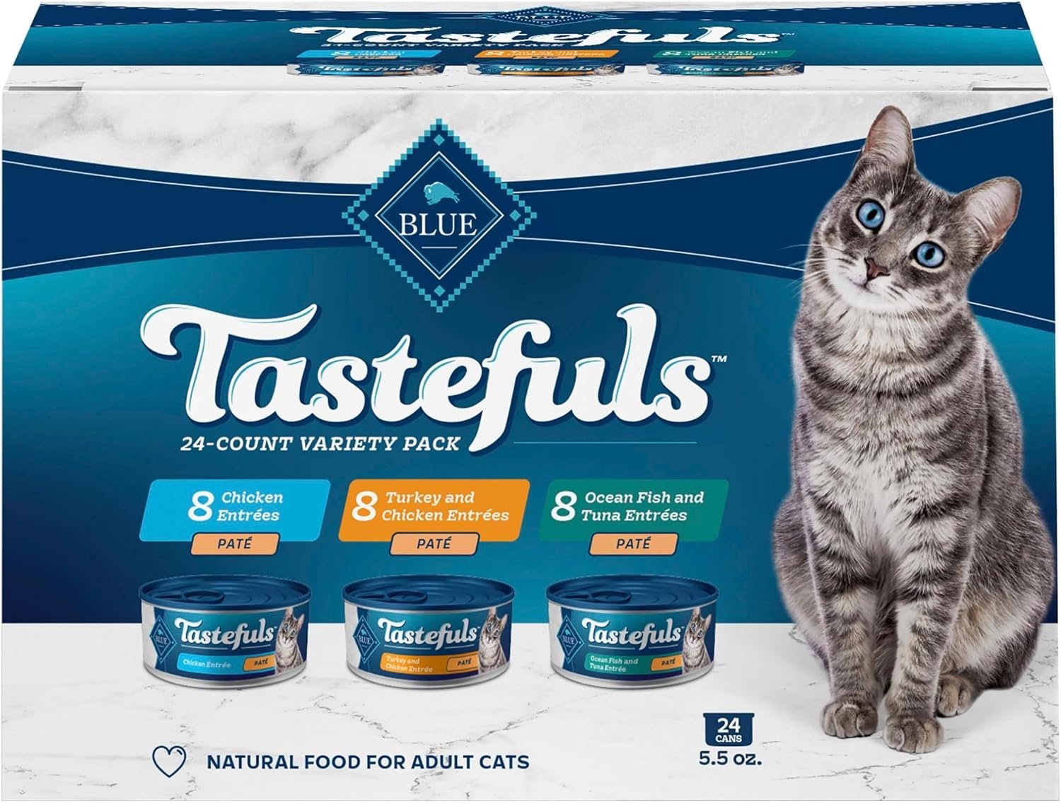Blue Buffalo Tastefuls Variety Pack Paté Wet Cat Food, 5.5 oz, 24 ct | Chicken, Turkey & Chicken, Ocean Fish & Tuna Entrées (8 of Each), Paté Style