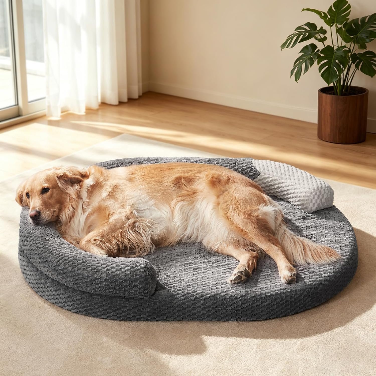 JOEJOY XL Orthopedic Dog Beds Large Sized Dog, Extra Large Washable Waterproof Oval Dog Bed with Removable Cover, Egg-Crate Foam Pet Bed with Bolster & Non-Skid Bottom, Dark Grey, 42”x32”