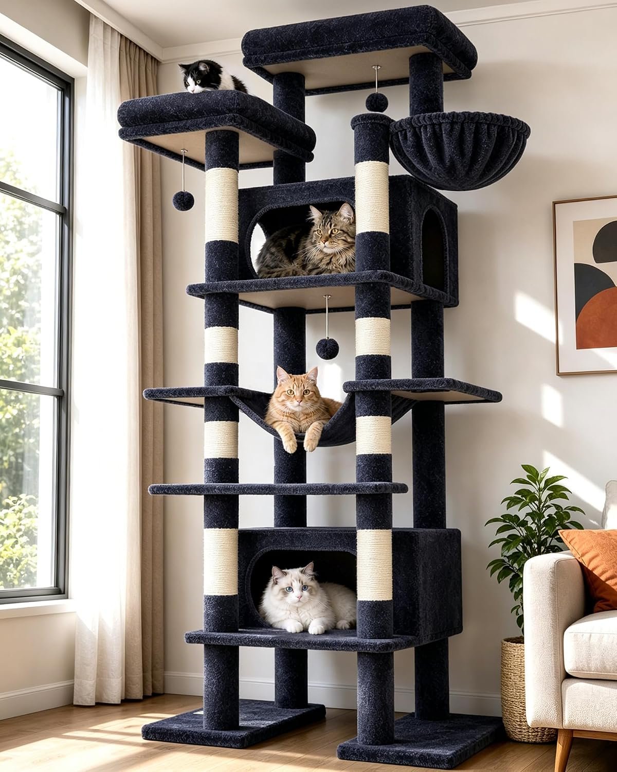 Globlazer XXL Giant Cat Tree, 83 Inch Heavy Duty Tall Cat Tower for Indoor Cats Large Adult, Multi-Level Large Cat Condo with 8 Scratching Posts, Hammock, 2 Cat Caves, 2 Platform, F83B, Dark Grey