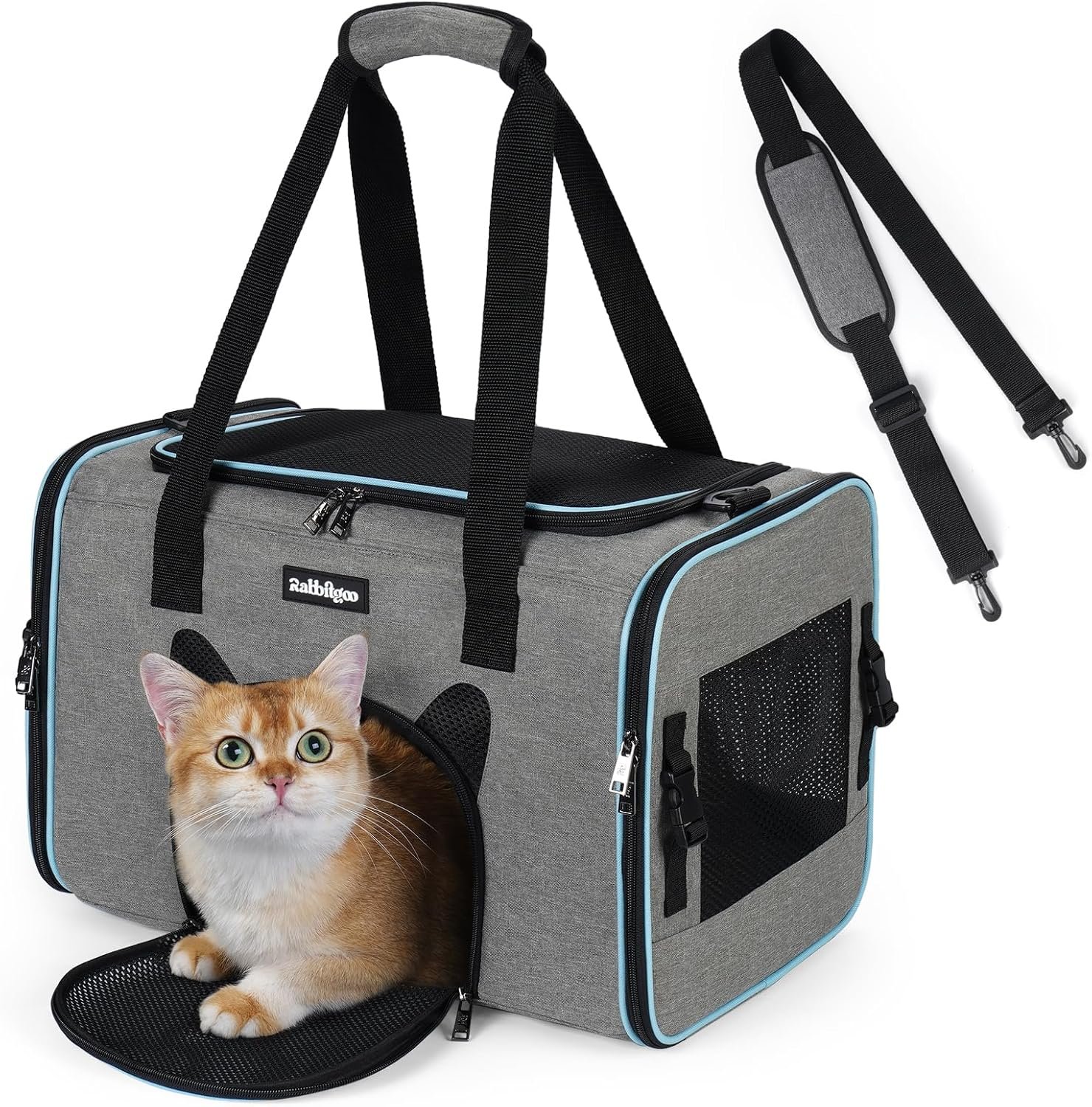 rabbitgoo Cat Carrier Soft with Safety Buckles, Sturdy Comfortable Pet Bag | Portable Travel Carrier for Car Vet Airline, Breathable for Kitten Small Medium Anxious Cat Up to 18lbs, Grey 17″Lx11″Wx11″H