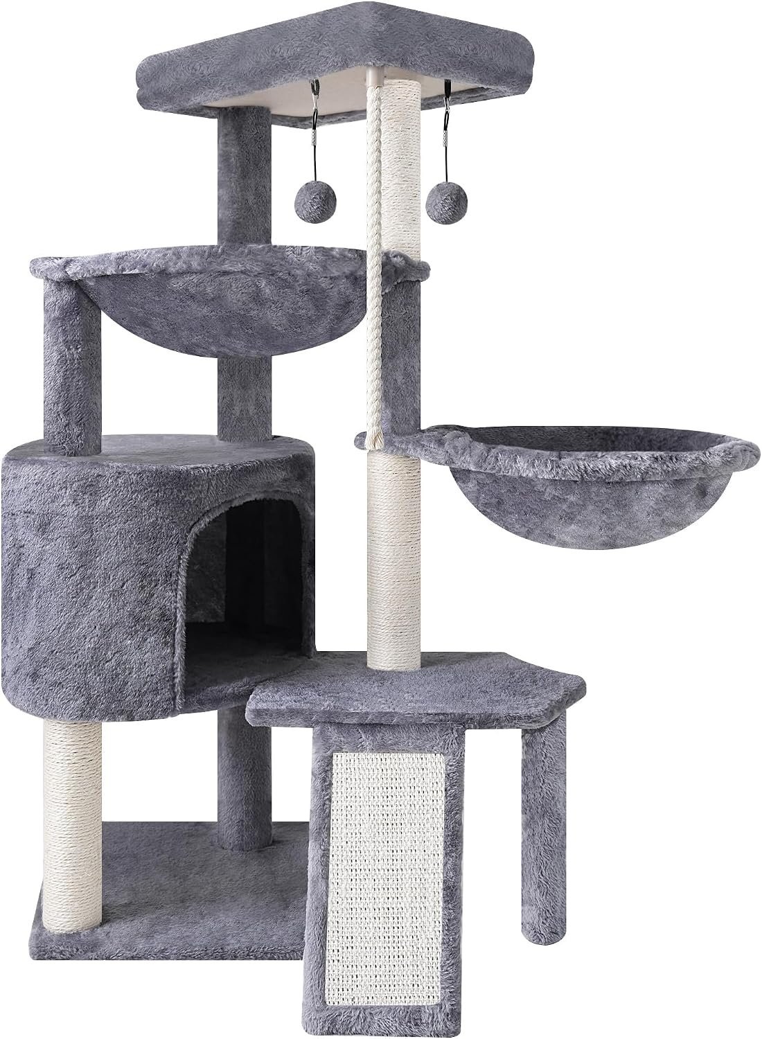 Three Layer Cat Tree with Cat Condo Scratch Pad and Two Hammocks,Grey | 3-Tier Cat Tree,Natural Sisal,Replaceable Hanging Balls,Sturdy Cat Furniture for Kitten&Adult Cat
